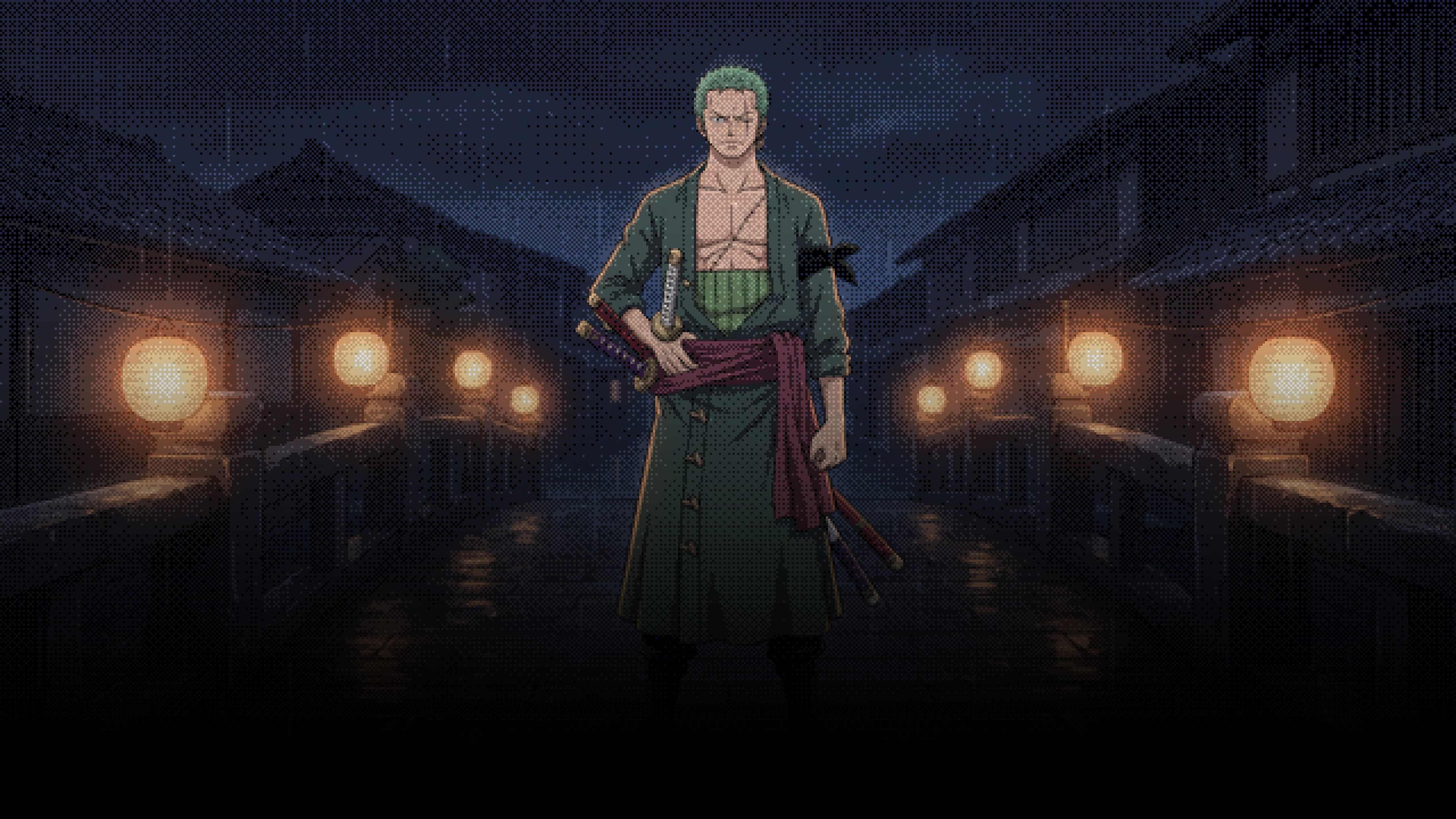 Roronoa Zoro desktop wallpaper: Zoro standing on a stone bridge in a lantern-lit town on a rainy night, one hand on a sword hilt
