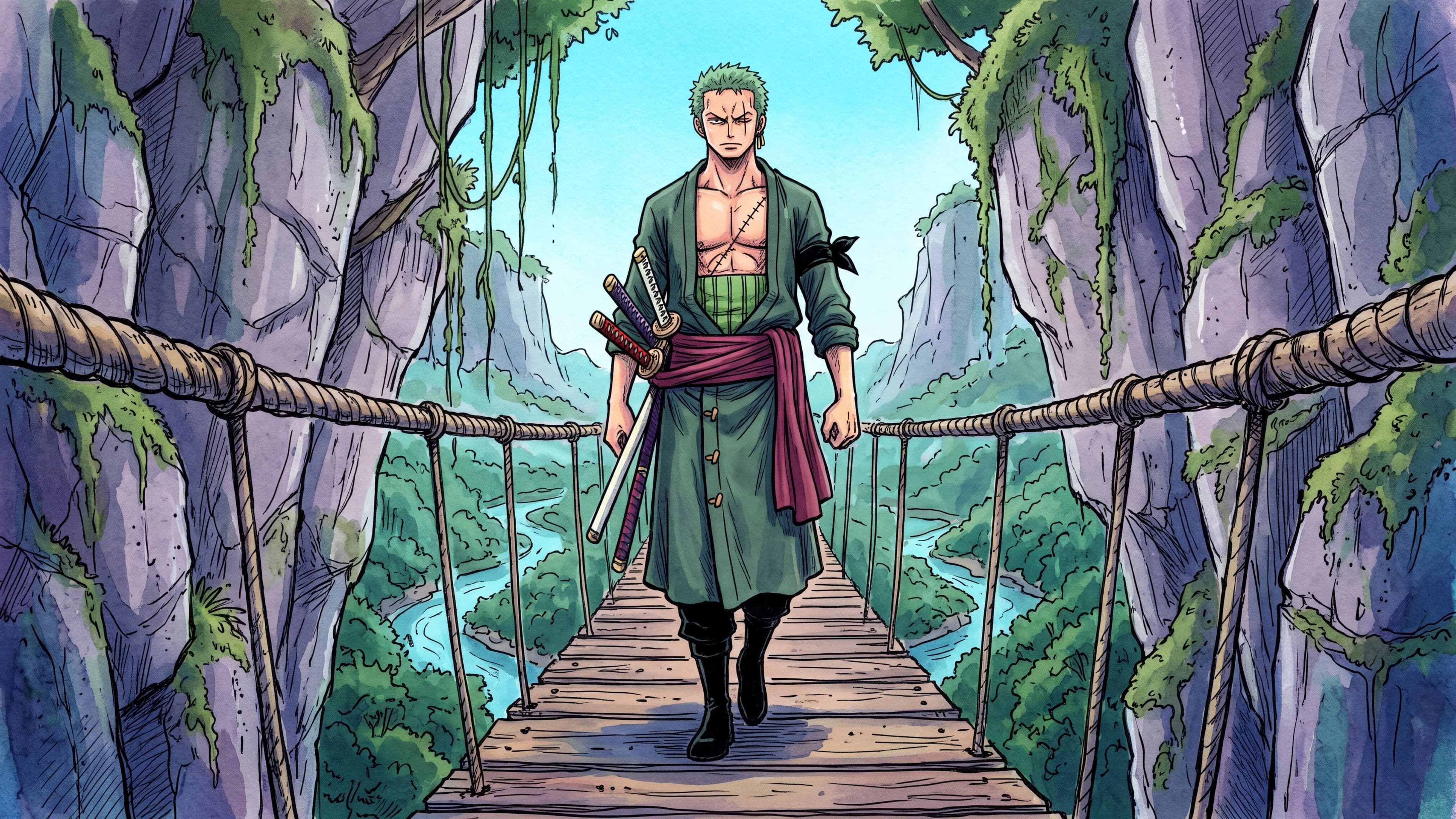 Roronoa Zoro desktop wallpaper: Zoro walking across a wooden rope bridge over a deep green river gorge