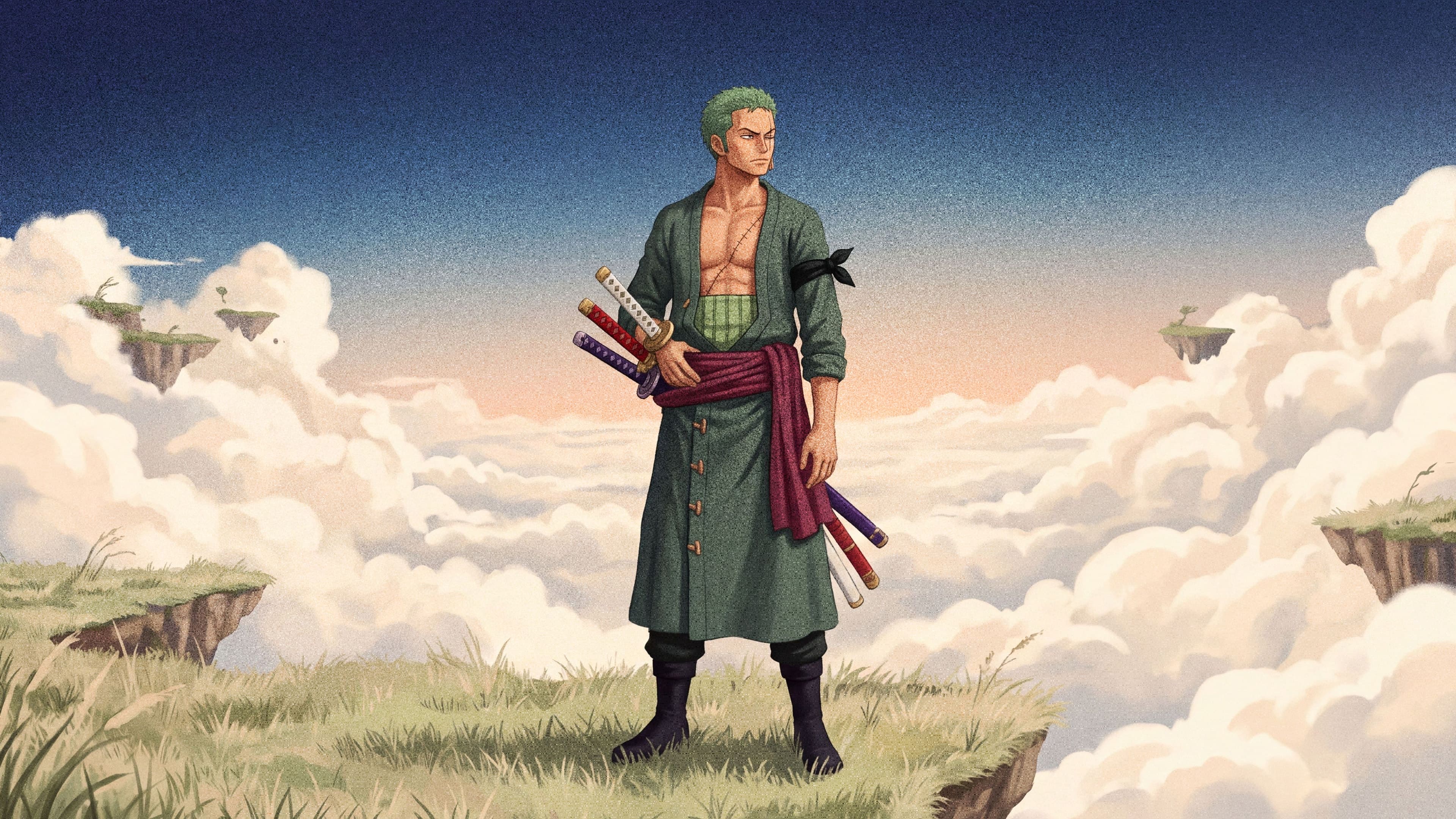 Roronoa Zoro desktop wallpaper: Zoro standing at the edge of a floating sky island above a sea of white clouds