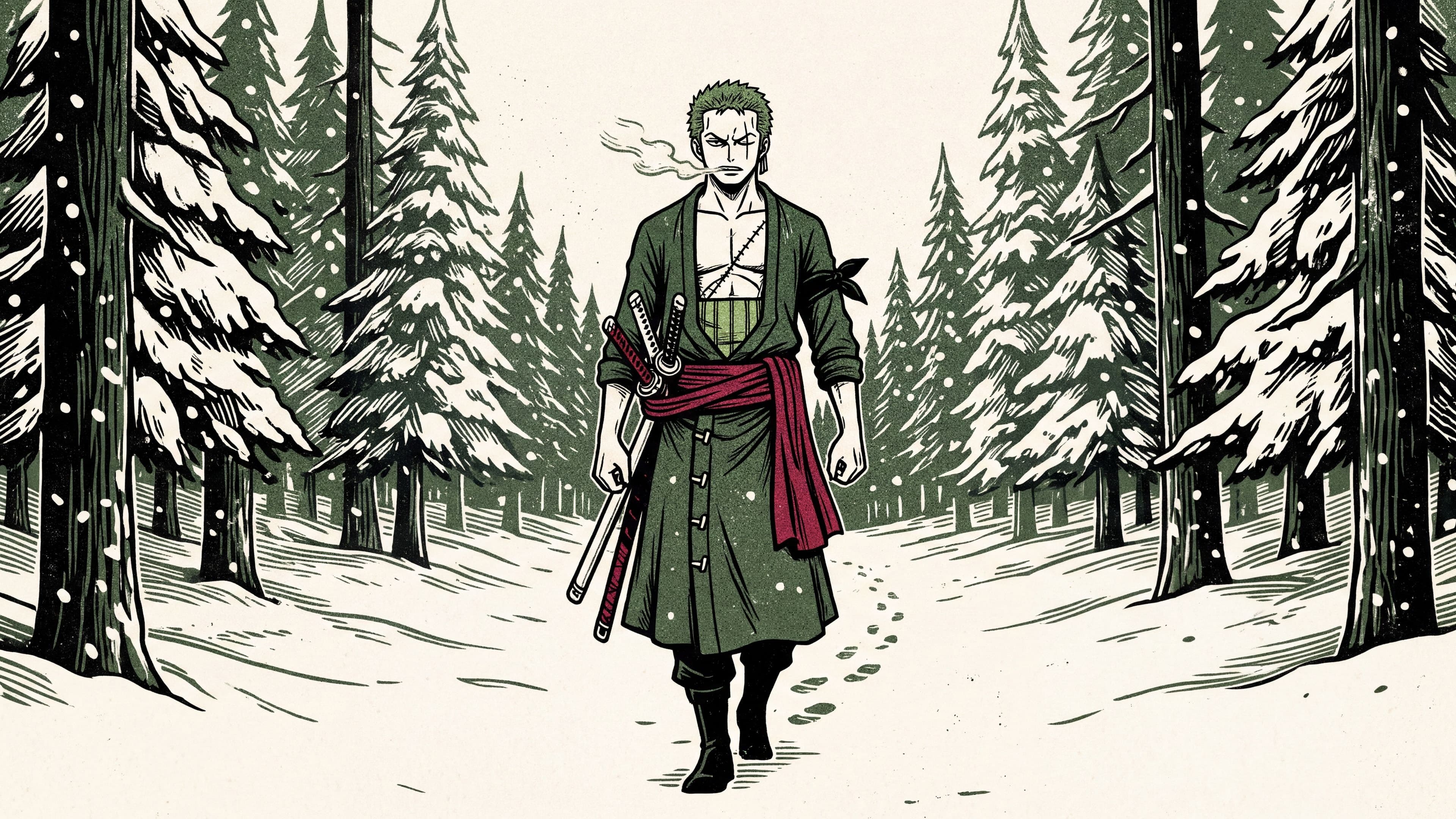 Roronoa Zoro desktop wallpaper: Zoro walking through a snowy pine forest, his breath misting in the cold