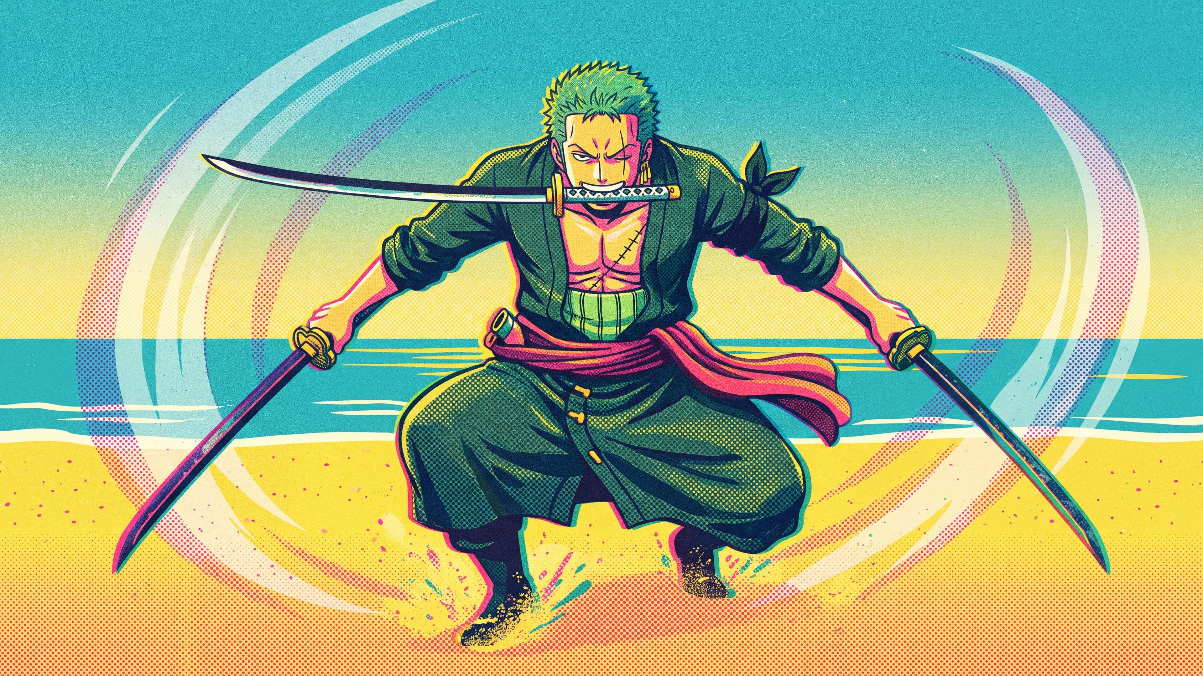 Roronoa Zoro desktop wallpaper: Zoro charging across a sunny beach with a sword in each hand and one in his teeth, slash arcs around him