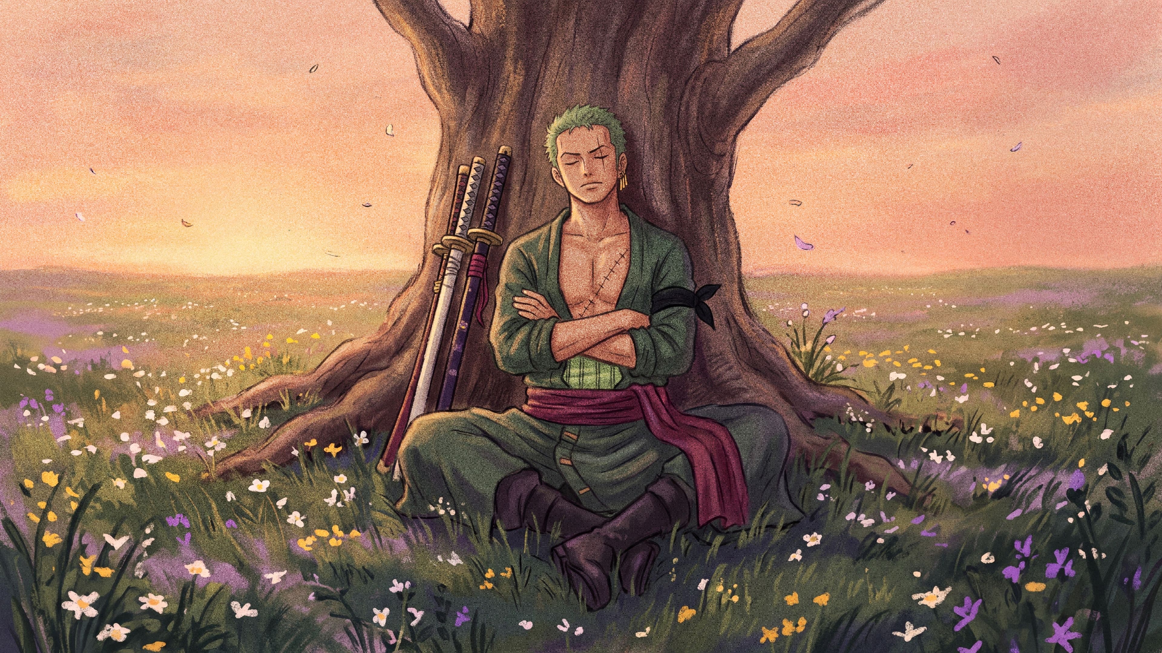 Roronoa Zoro desktop wallpaper: Zoro asleep against a big tree in a wildflower meadow at golden hour, his swords leaning on the trunk