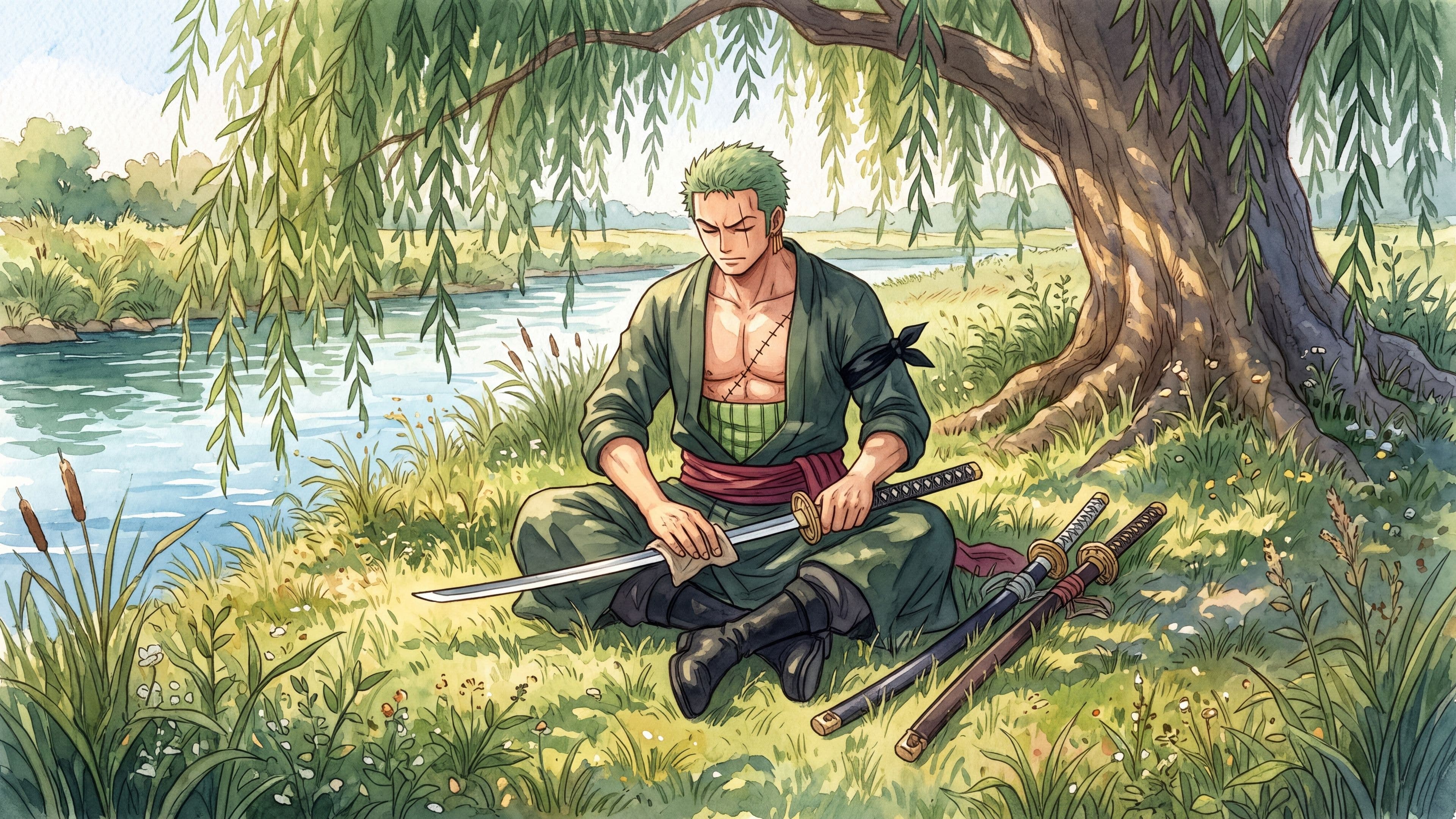 Roronoa Zoro desktop wallpaper: Zoro sitting under a willow on a sunny riverbank, wiping the blade of one sword
