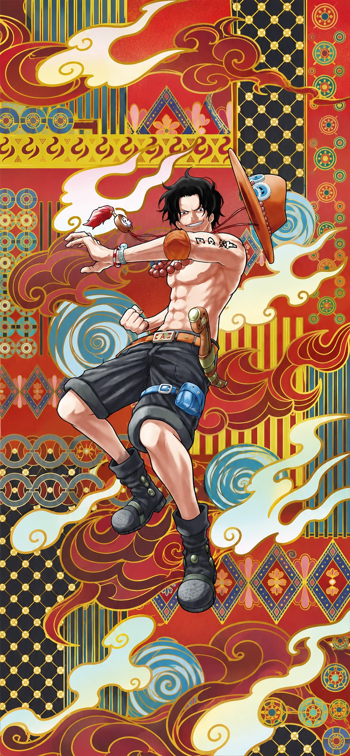 Portgas D. Ace phone wallpaper: Ace leaps through swirling flames and clouds over a red and gold patterned background, wearing his orange hat
