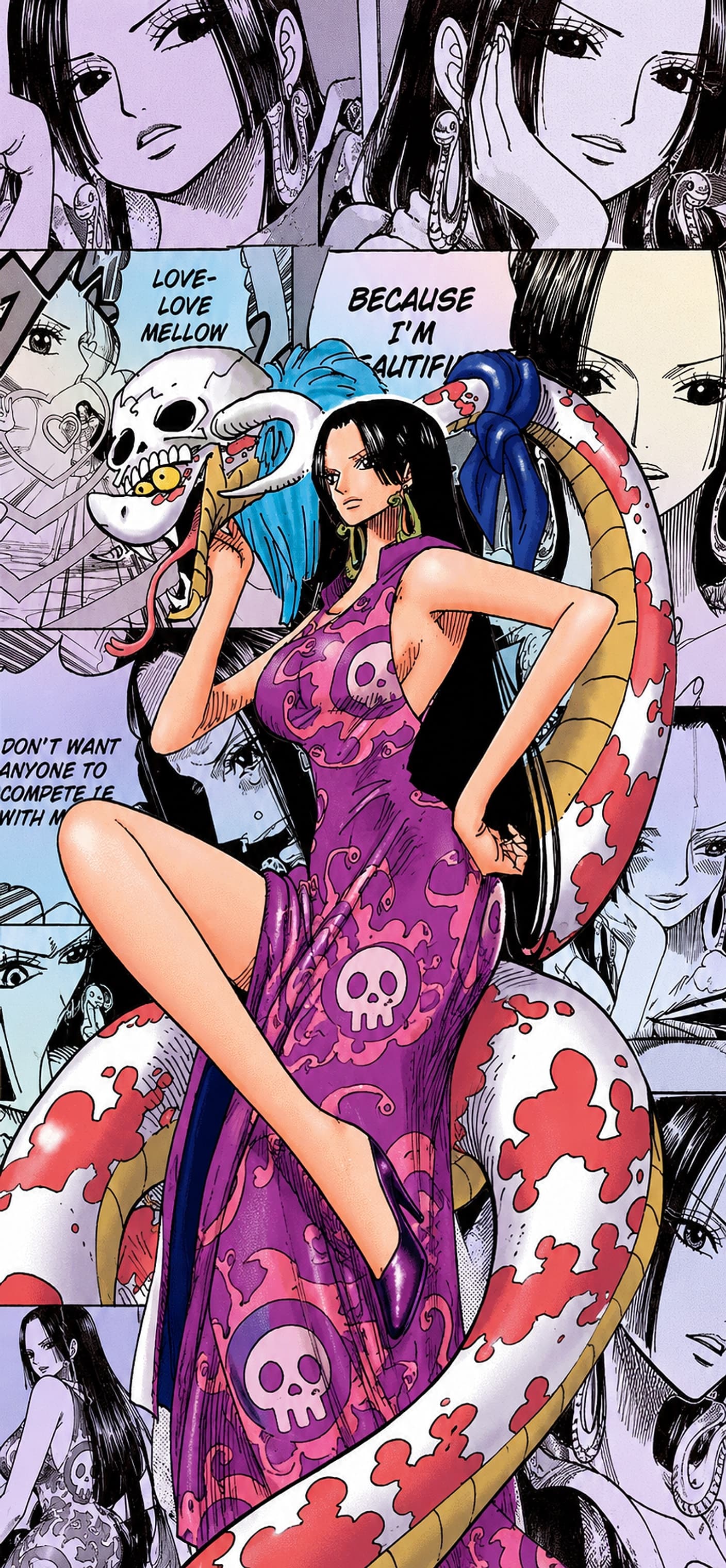 Boa Hancock phone wallpaper: Boa Hancock stands in a purple skull-print dress with her snake Salome coiled around her, over a collage of manga panels