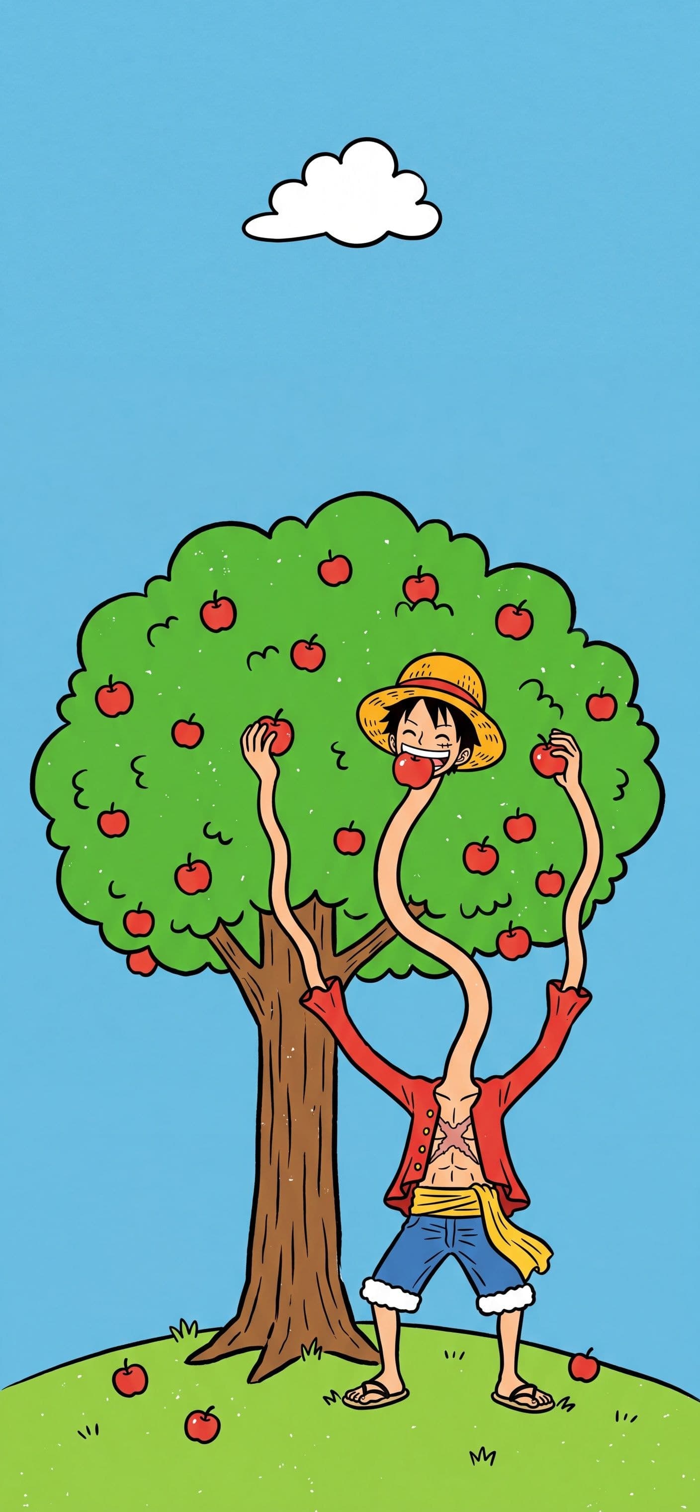 Monkey D. Luffy phone wallpaper: Luffy stretching his neck and arms up into a tall apple tree to grab apples