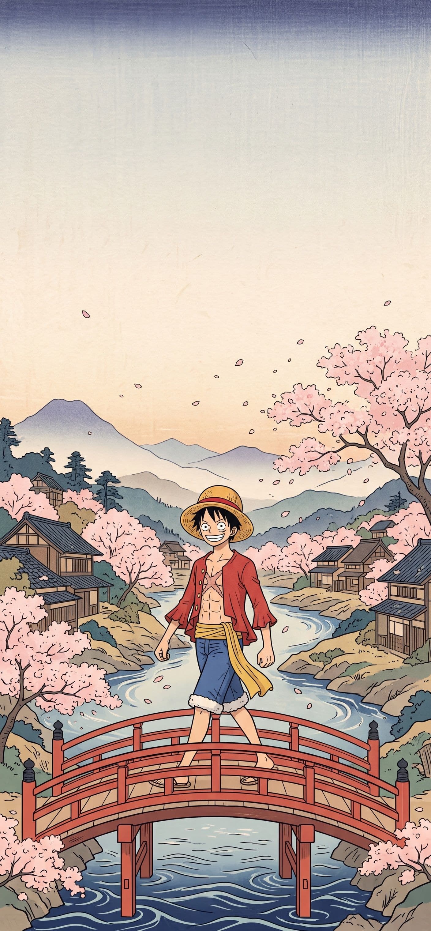 Monkey D. Luffy wallpaper: Luffy walking across a red arched bridge in a Japanese mountain village with cherry blossoms falling