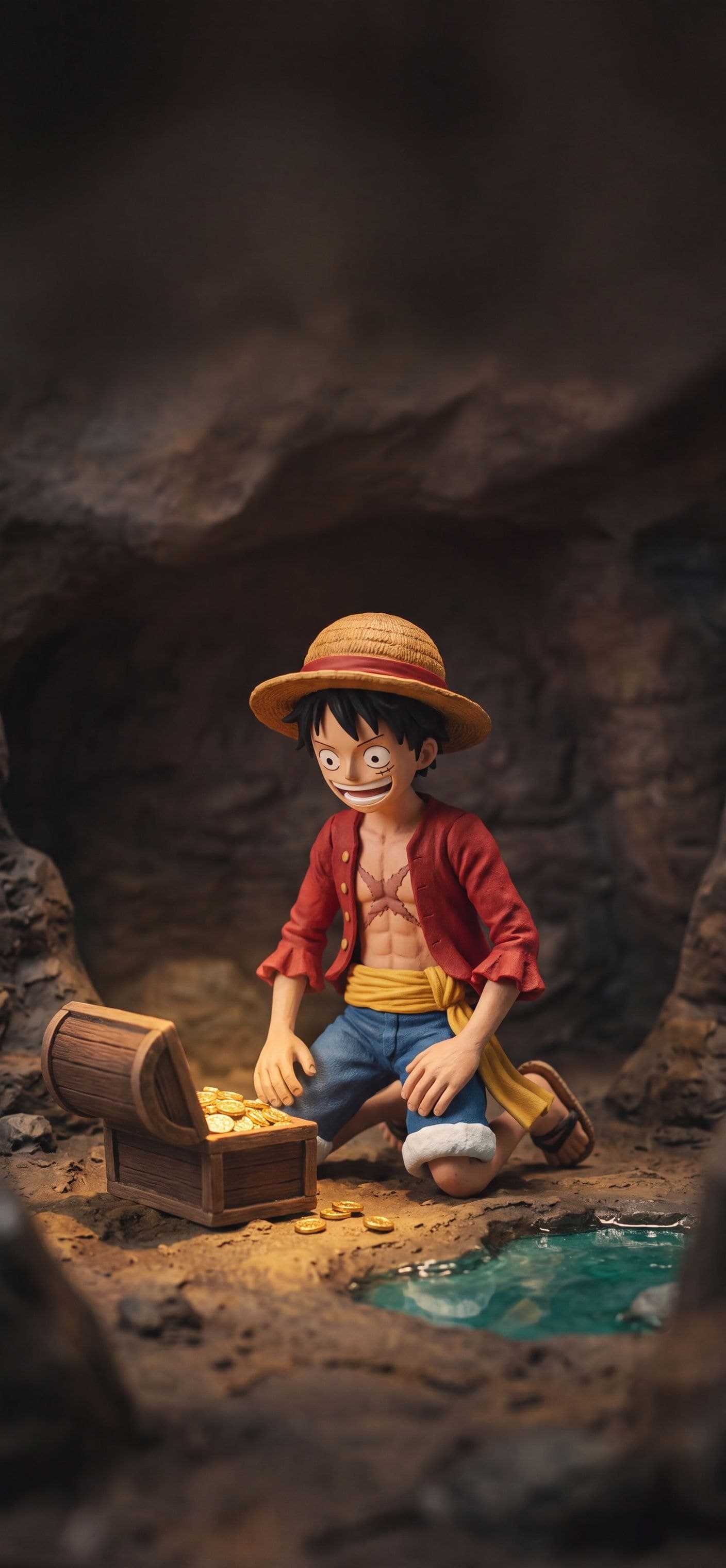 Monkey D. Luffy wallpaper: A clay Luffy kneeling by an open treasure chest of glowing gold coins in a tiny handmade cave