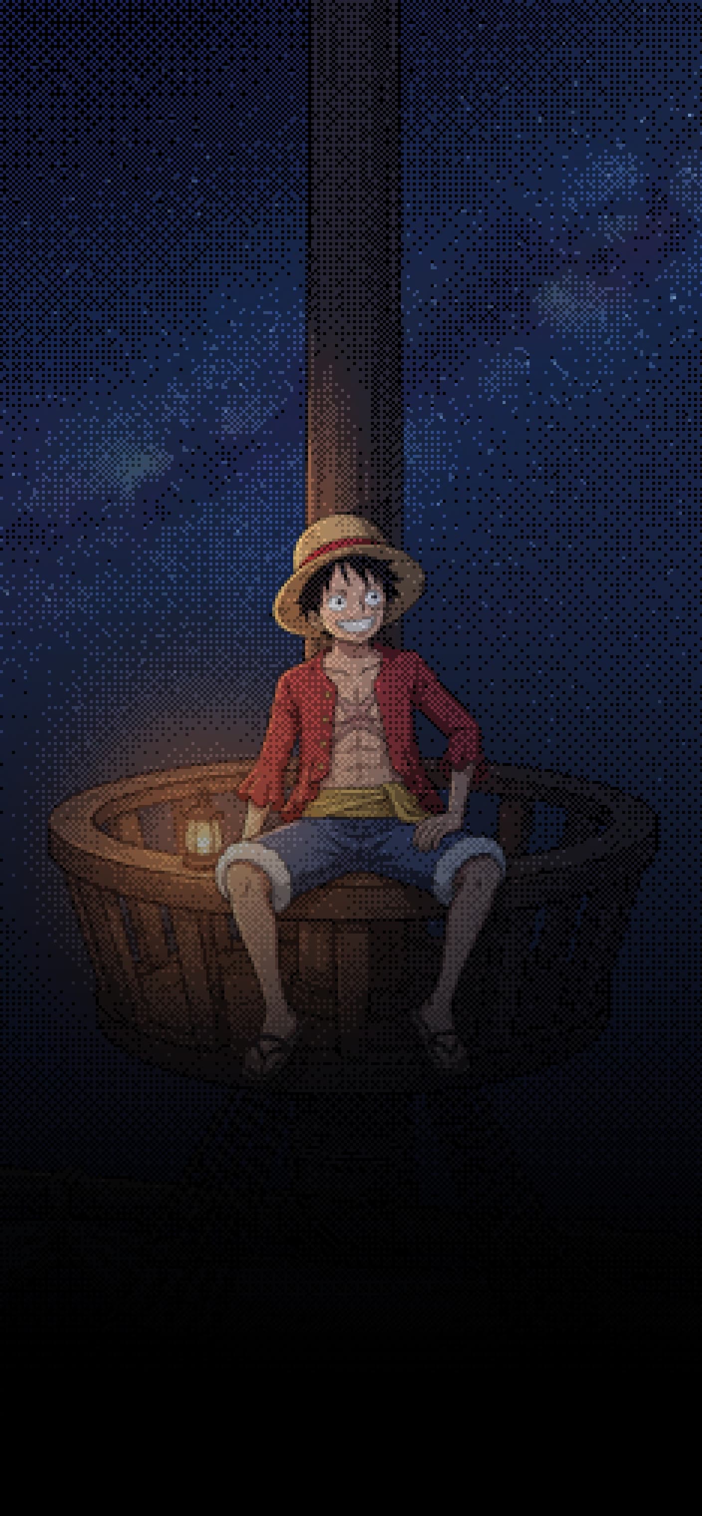 Monkey D. Luffy phone wallpaper: Luffy sitting in the crow's nest at the top of a ship's mast under a sky full of stars, a lantern beside him