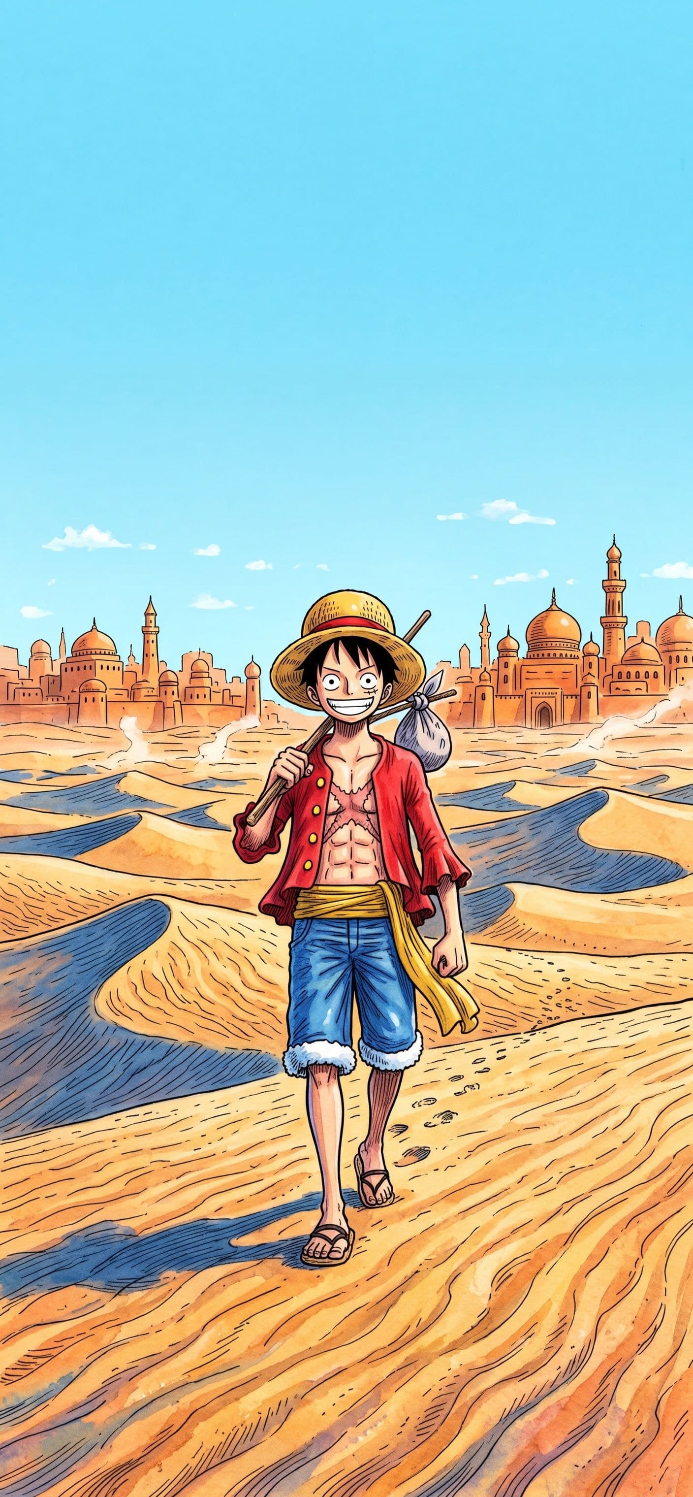 Monkey D. Luffy wallpaper: Luffy walking over desert sand dunes with a bundle on his shoulder, a sandstone city on the horizon
