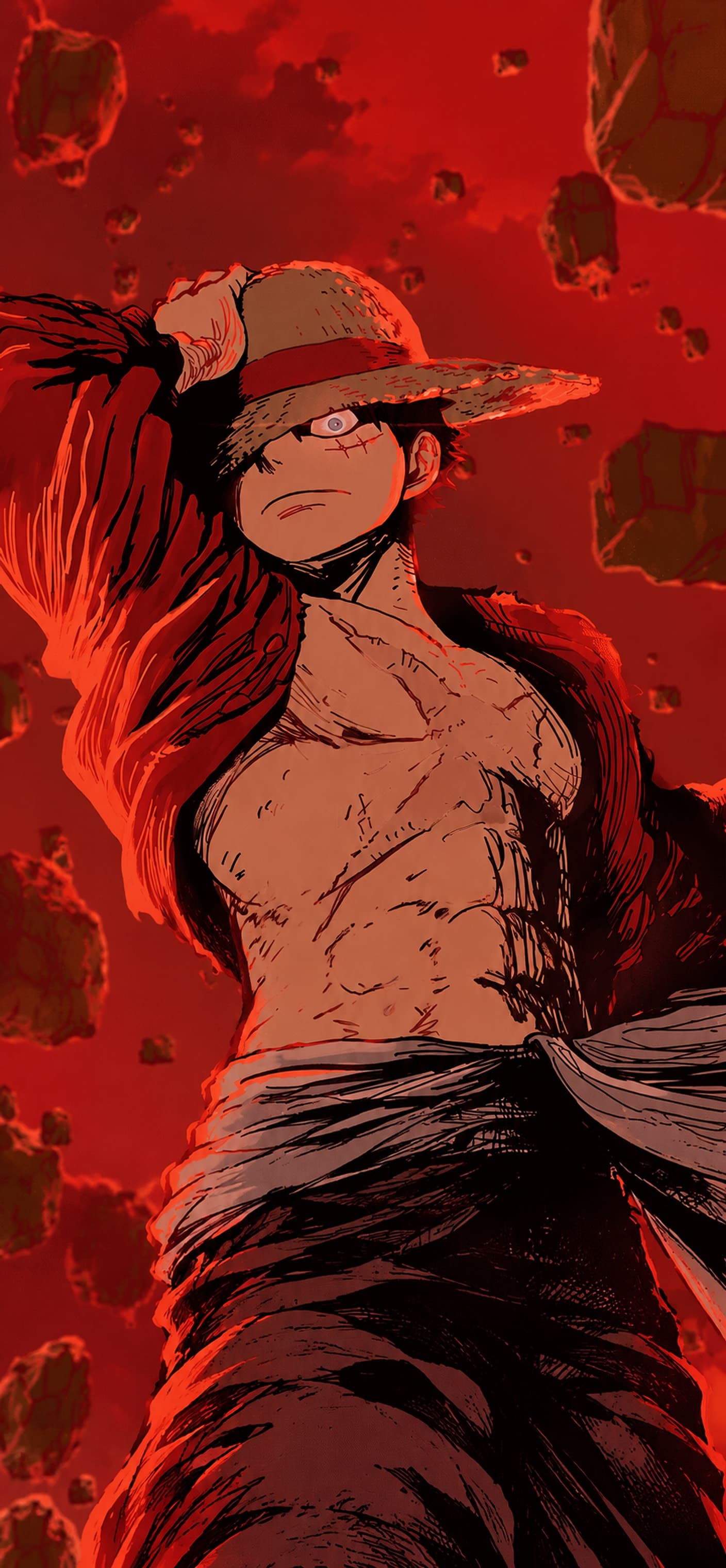 Monkey D. Luffy phone wallpaper: Shirtless Luffy grips his straw hat under a red sky full of flying rocks, his open red shirt and sash blowing back