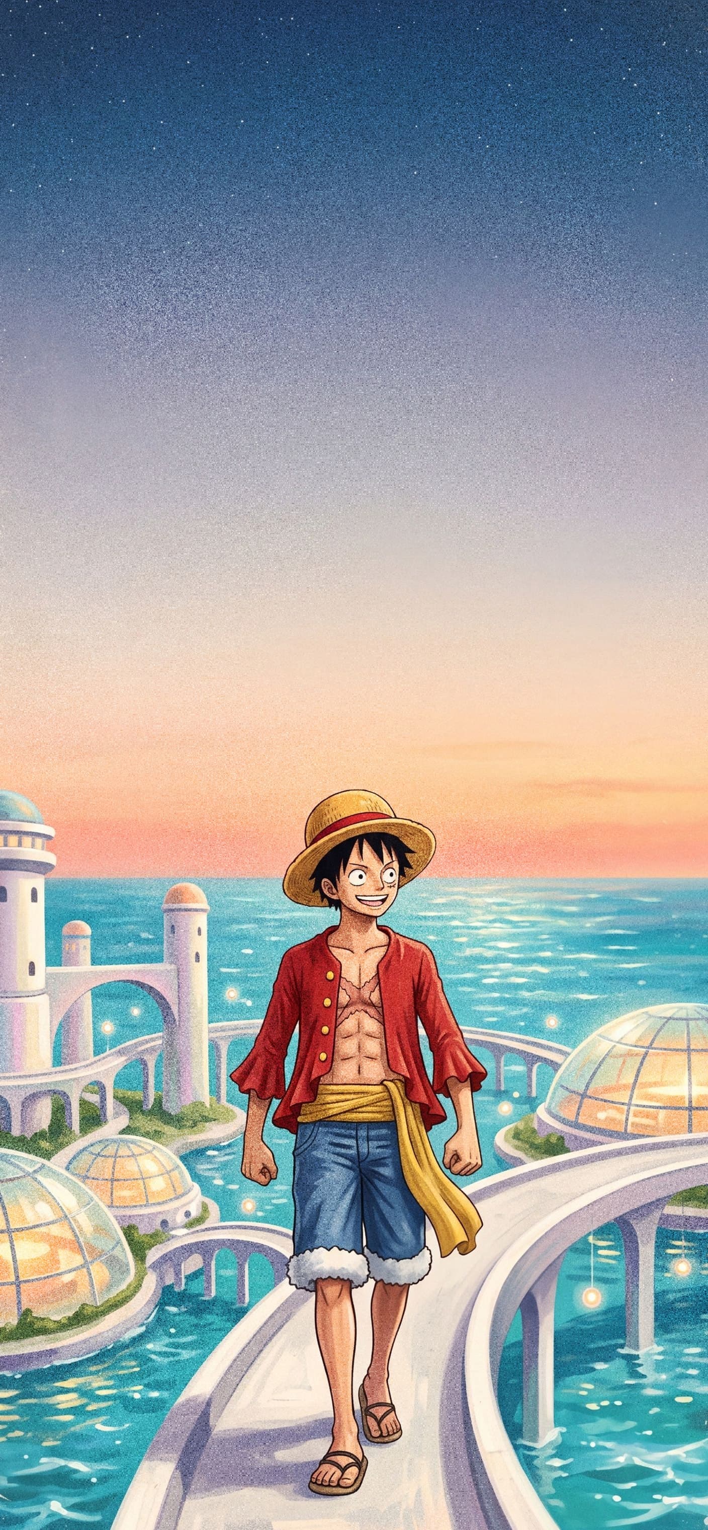 Monkey D. Luffy phone wallpaper: Luffy walking along a curving white walkway through a futuristic island city of towers and glass domes