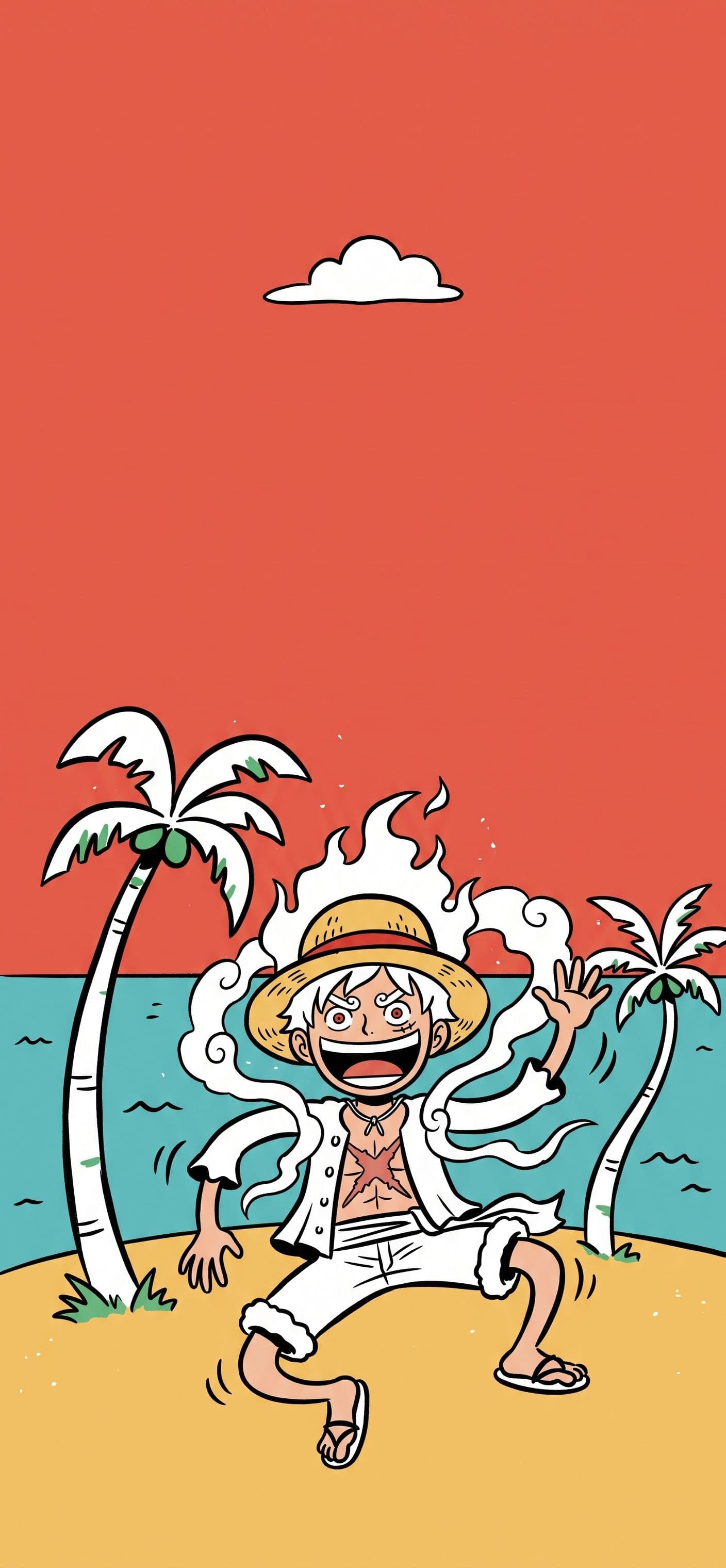 Monkey D. Luffy wallpaper: Gear 5 Luffy doing a goofy dance on a sunny island beach between two palm trees
