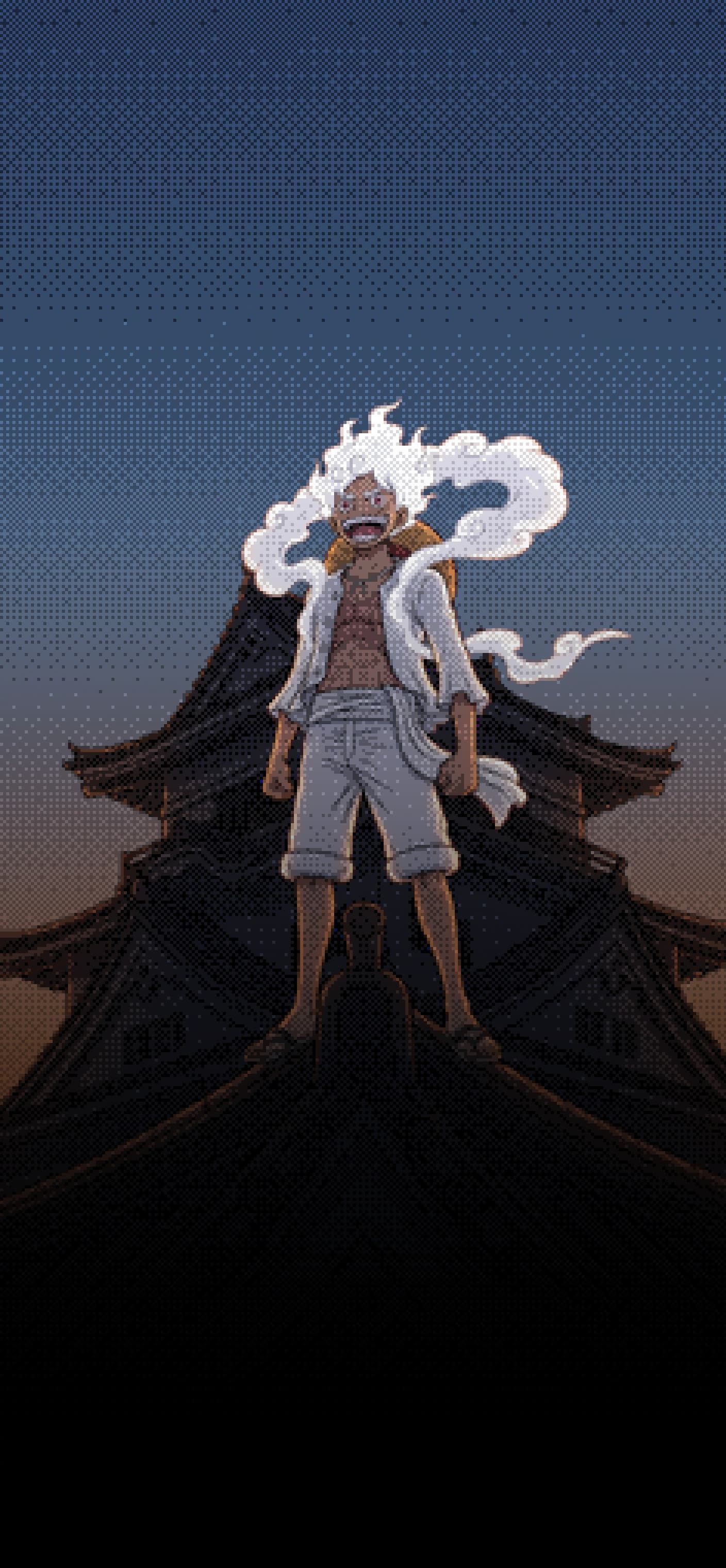 Monkey D. Luffy phone wallpaper: Gear 5 Luffy standing on the top roof of a Japanese castle at blue dusk, his white hair rim-lit in orange