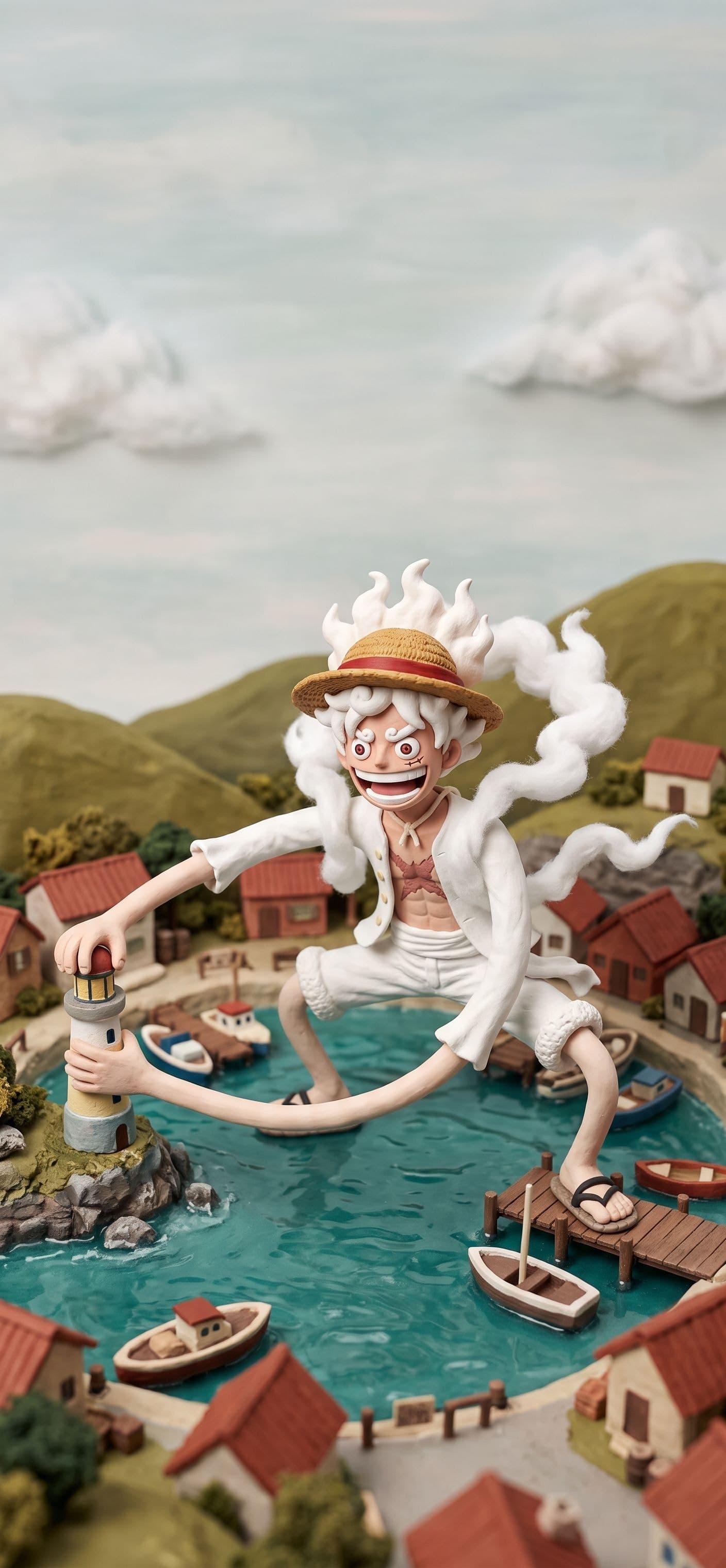 Monkey D. Luffy wallpaper: A clay Gear 5 Luffy stretching like taffy across a tiny handmade island harbor, gripping a little lighthouse
