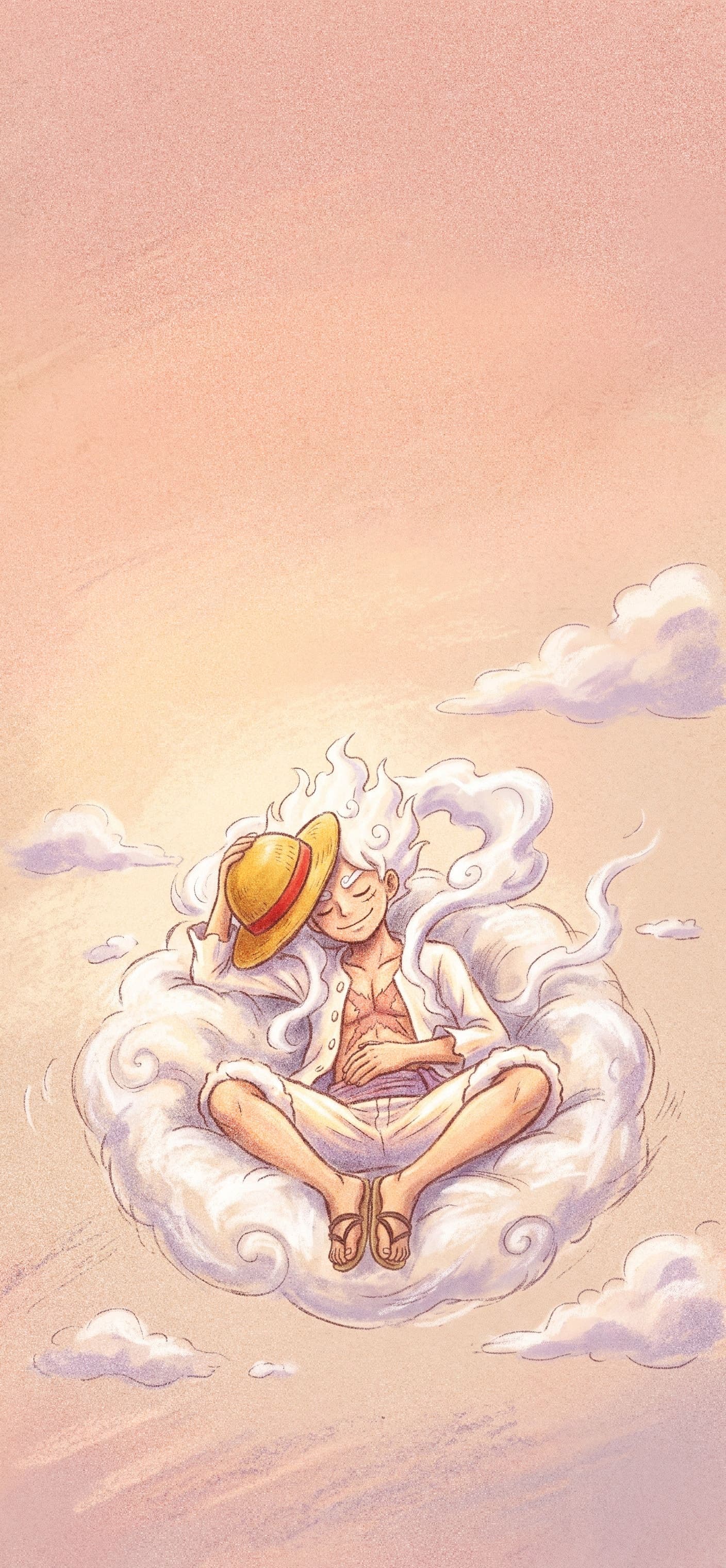 Monkey D. Luffy wallpaper: Gear 5 Luffy asleep and smiling in a soft nest of his own cloud trails in a peach sunrise sky
