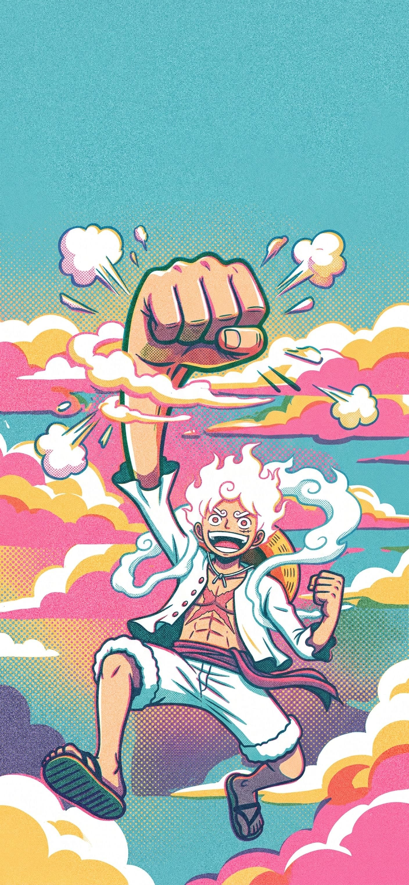 Monkey D. Luffy phone wallpaper: Gear 5 Luffy throwing a giant stretched rubber punch up through a bank of pink and yellow clouds