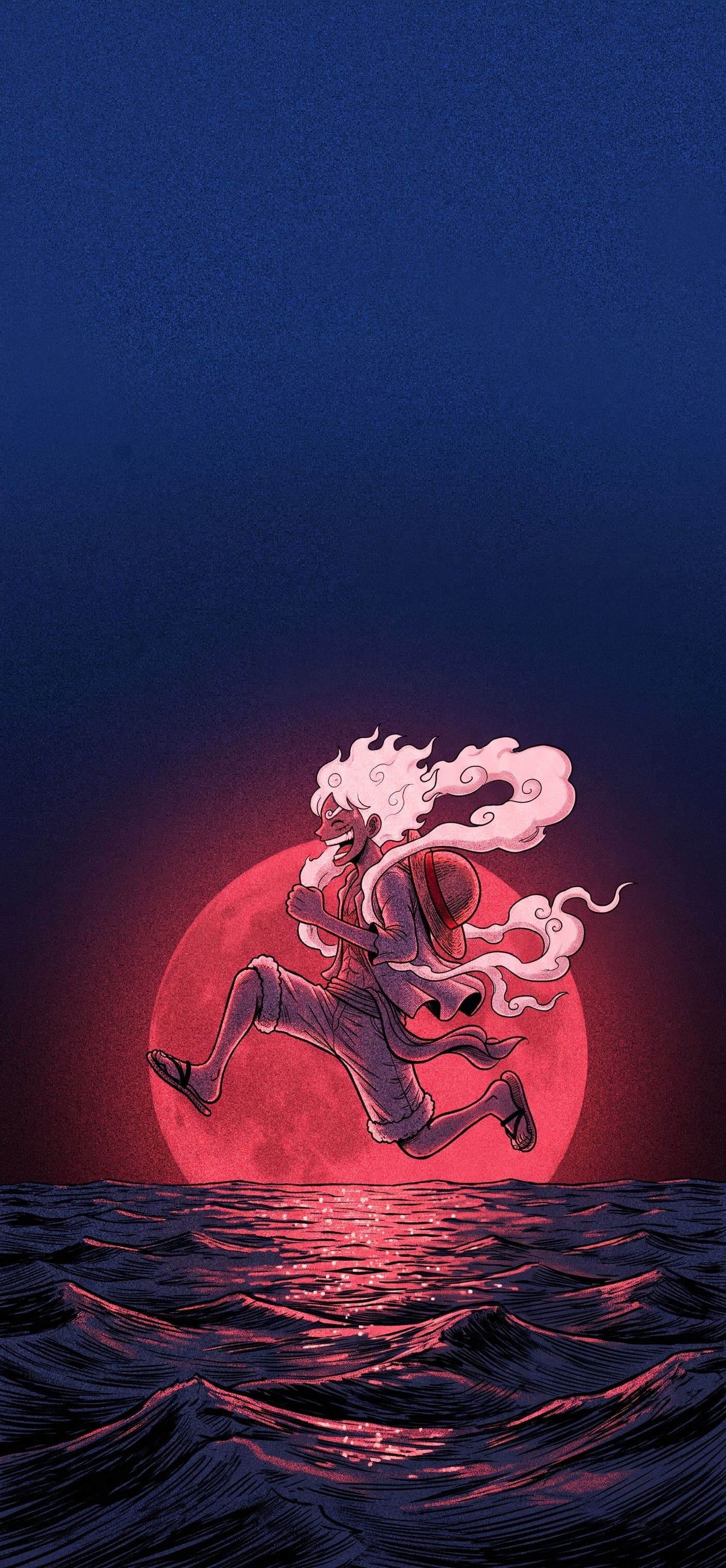 Monkey D. Luffy wallpaper: Gear 5 Luffy leaping over a dark sea toward a huge crimson full moon, seen from behind