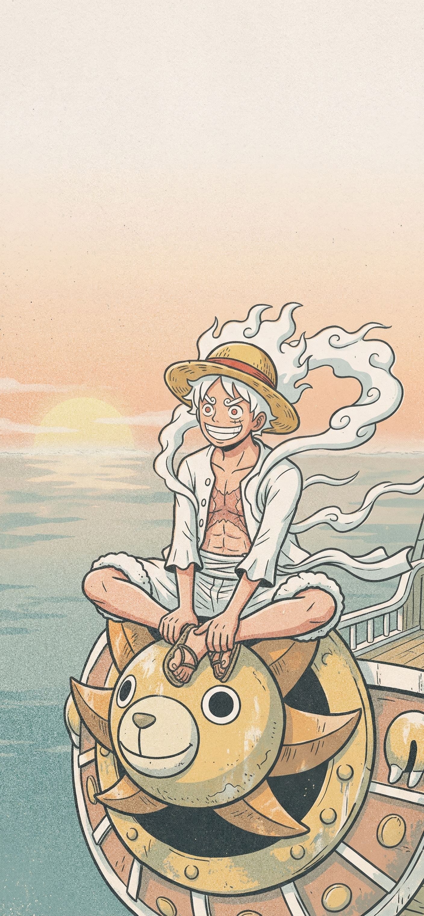 Monkey D. Luffy wallpaper: Gear 5 Luffy sitting cross-legged on the lion-head figurehead of a wooden ship over a calm misty sea at dawn