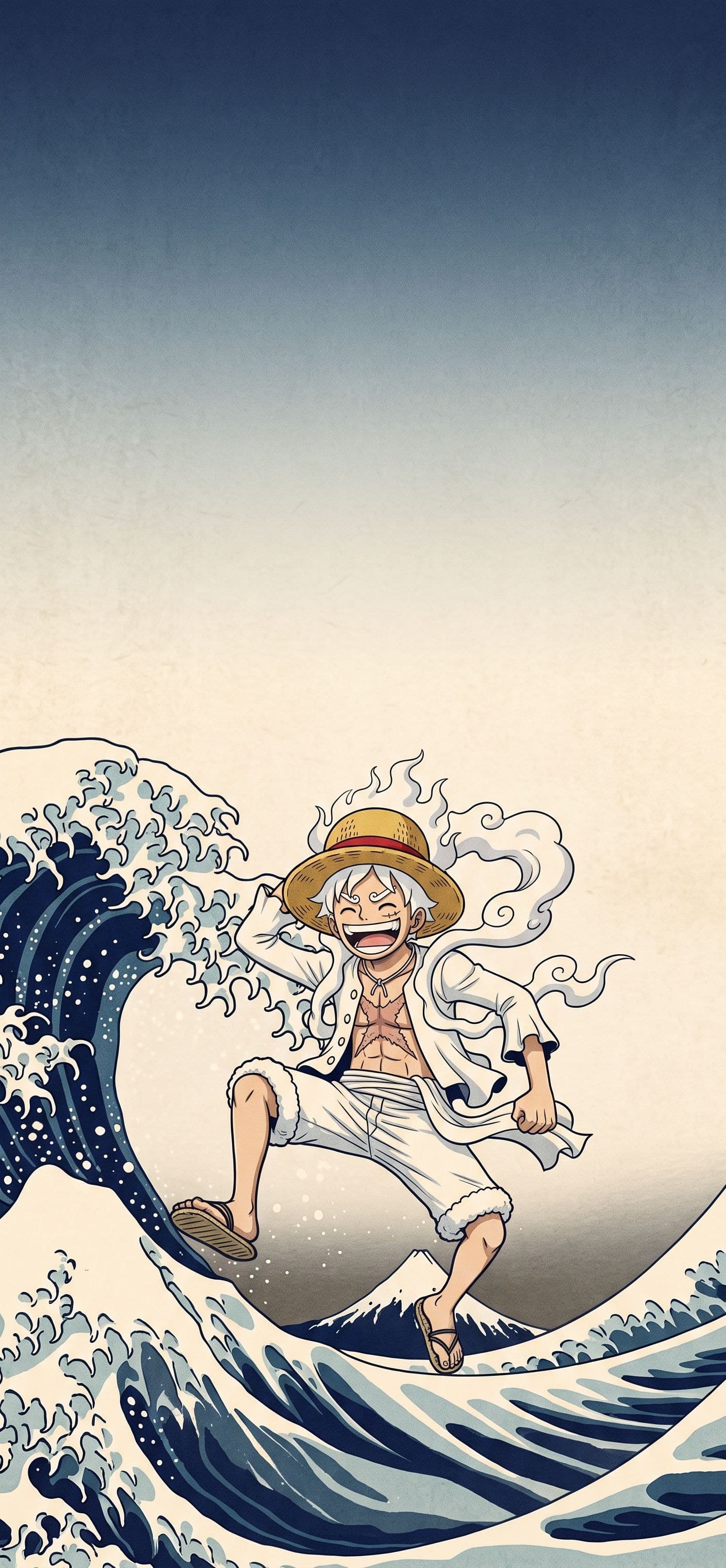 Monkey D. Luffy wallpaper: Gear 5 Luffy bouncing on the crest of a great curling wave with a small snowy mountain far away