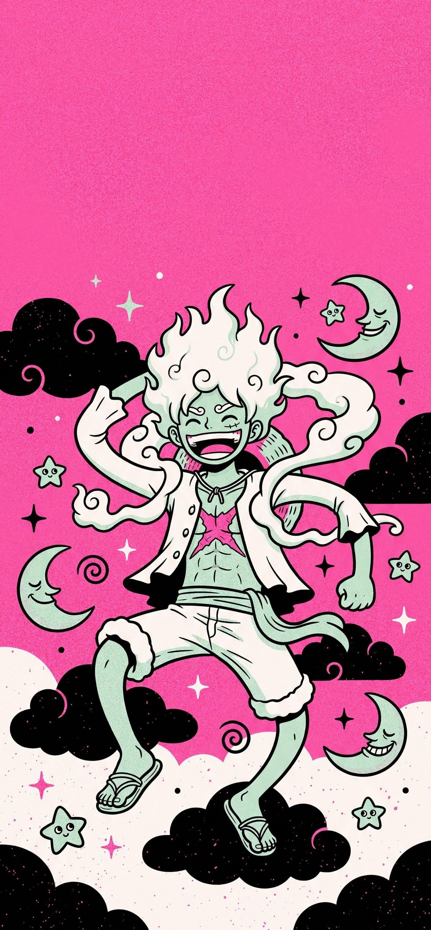Monkey D. Luffy phone wallpaper: Gear 5 Luffy dancing on round black clouds among grinning crescent moons and little stars with faces