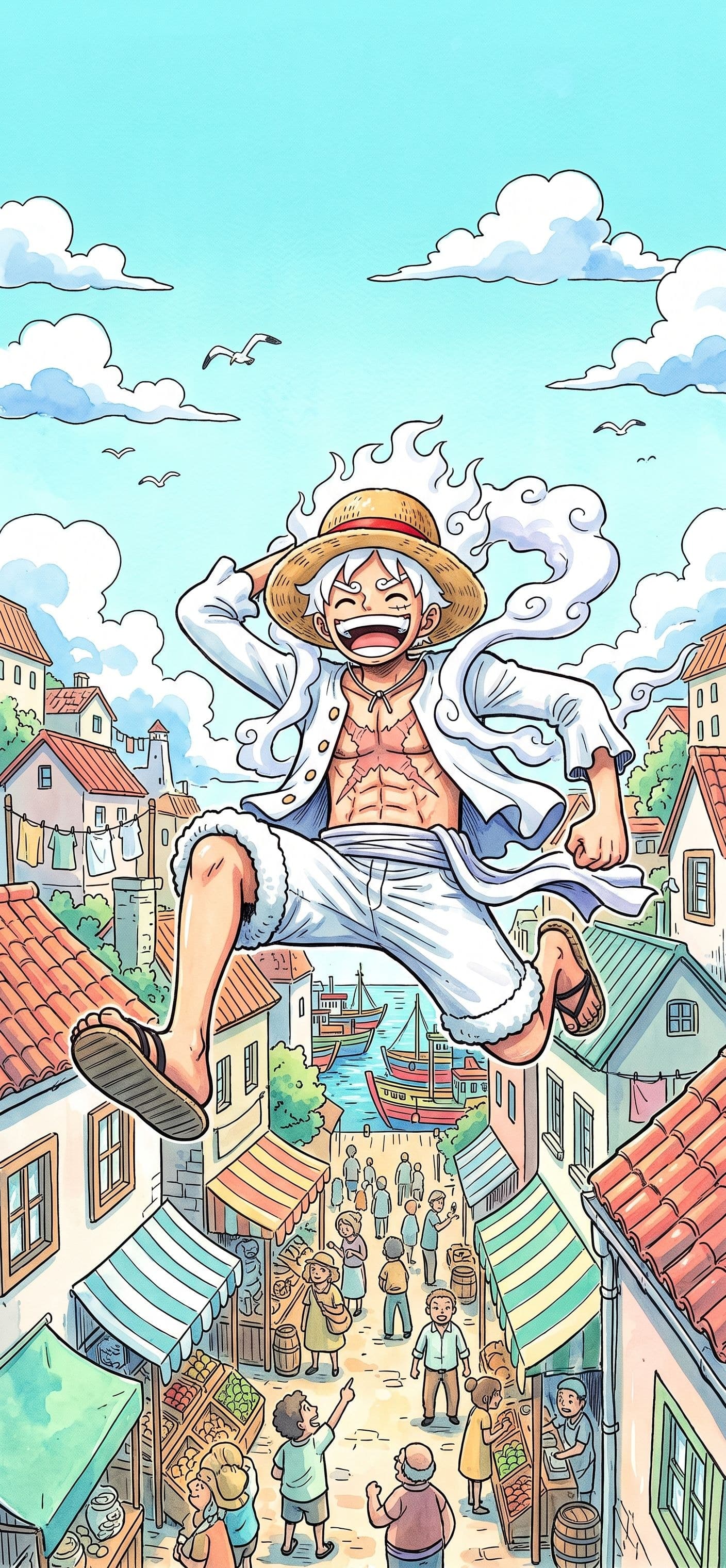 Monkey D. Luffy wallpaper: Gear 5 Luffy bouncing over the roofs of a busy harbor town while townspeople in the market street look up and point
