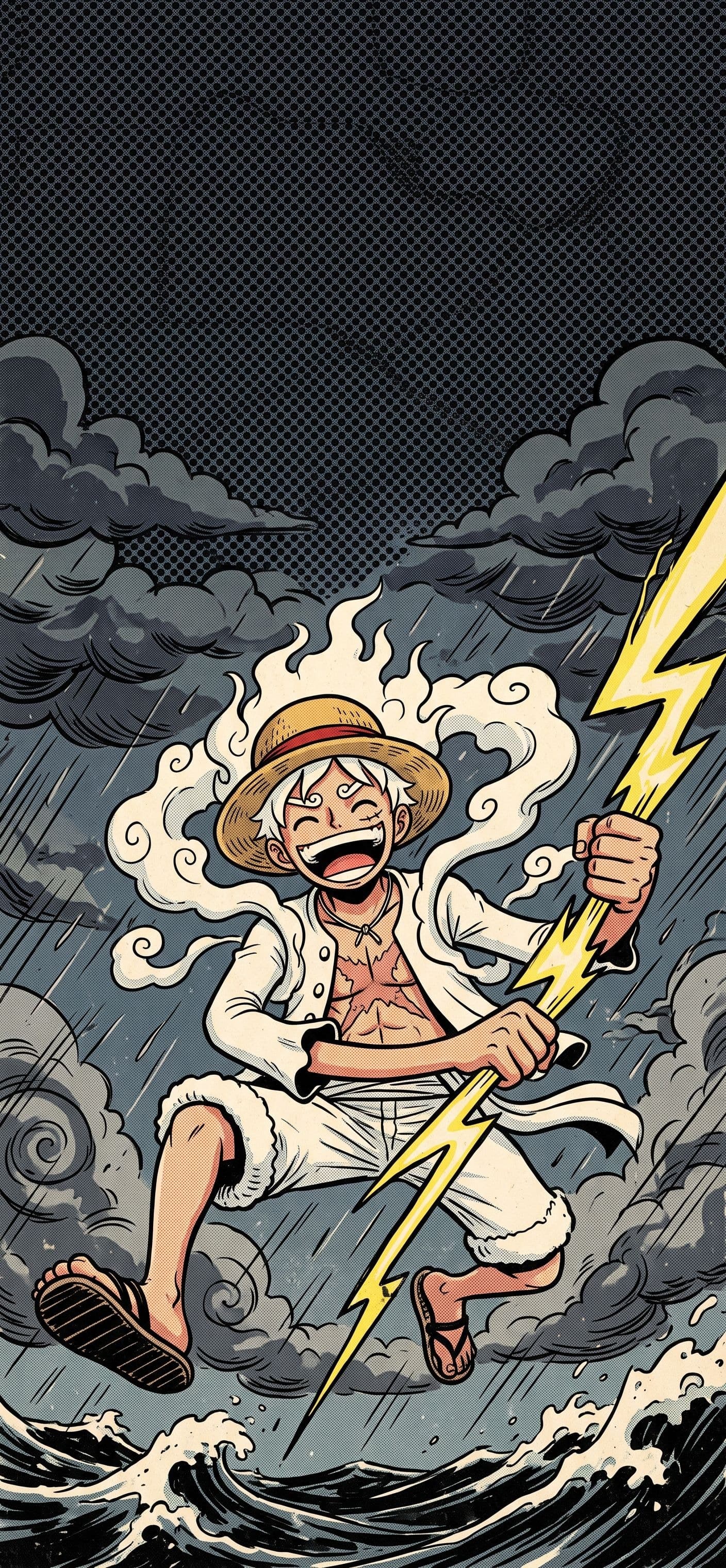 Monkey D. Luffy phone wallpaper: Gear 5 Luffy grabbing a bolt of lightning and swinging it like a rope across a stormy night sky