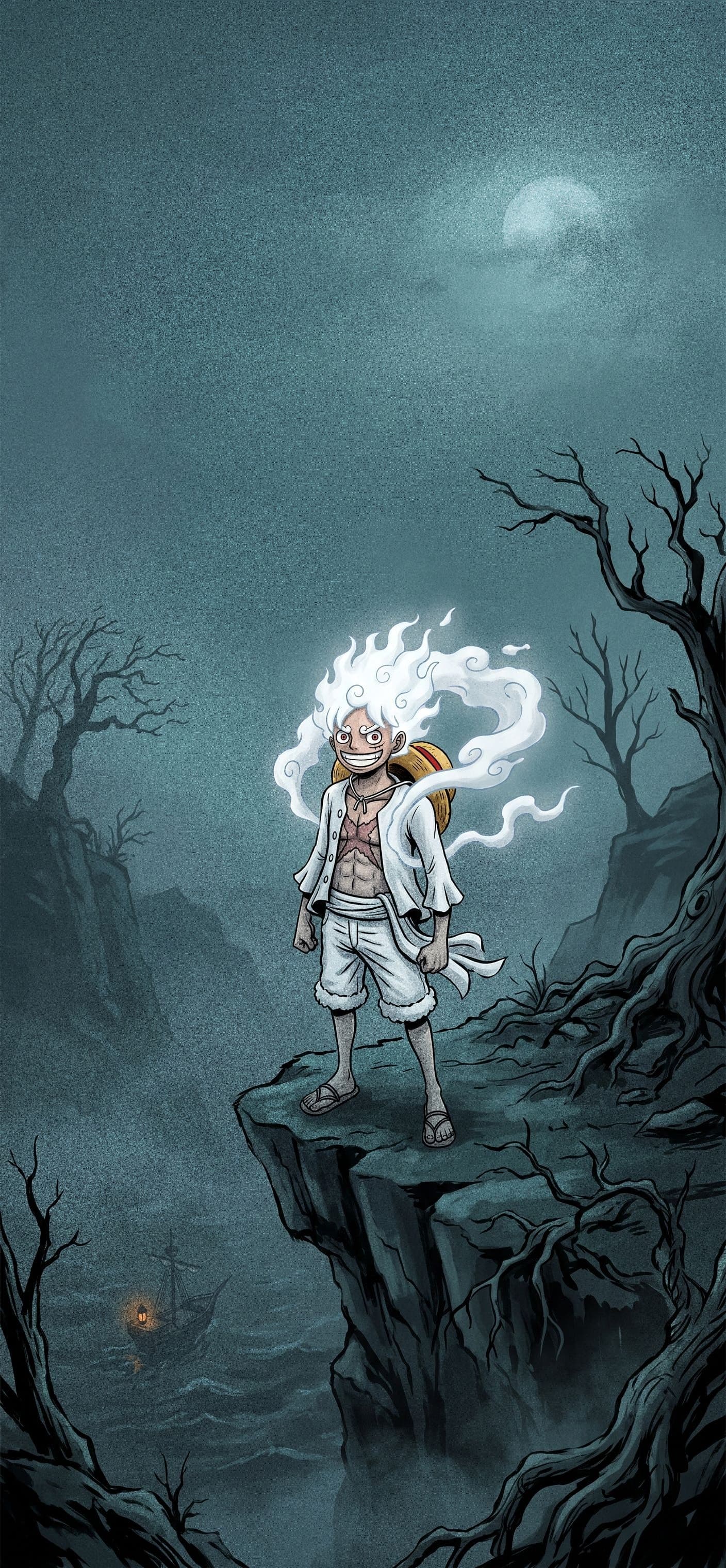 Monkey D. Luffy wallpaper: Gear 5 Luffy standing on the edge of a misty sea cliff at night with twisted bare trees and one ship lantern far below