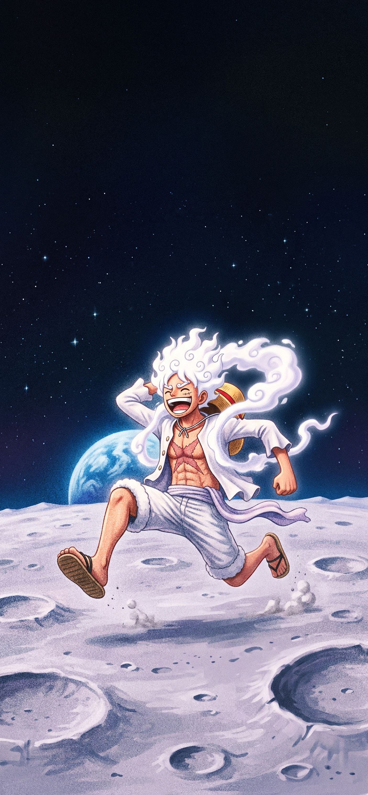 Monkey D. Luffy wallpaper: Gear 5 Luffy in a huge low-gravity leap across the cratered surface of the moon with a blue planet rising behind him