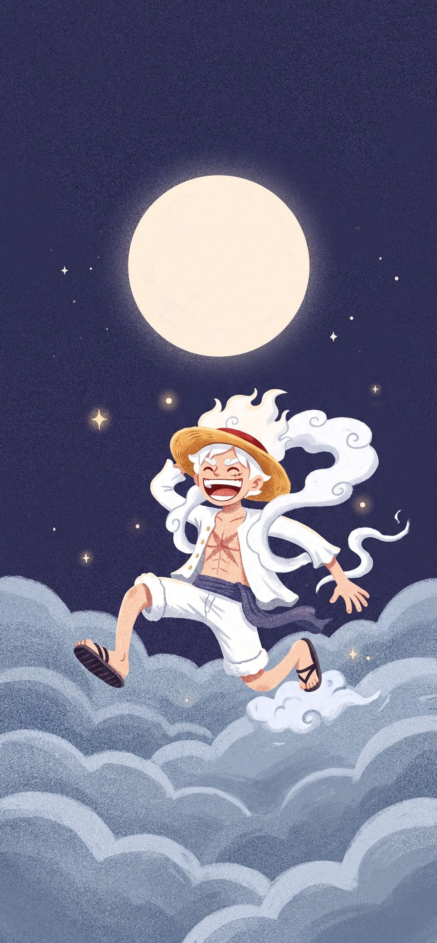 Monkey D. Luffy wallpaper: Gear 5 Luffy laughing as he bounces across a rolling sea of night clouds under a huge full moon