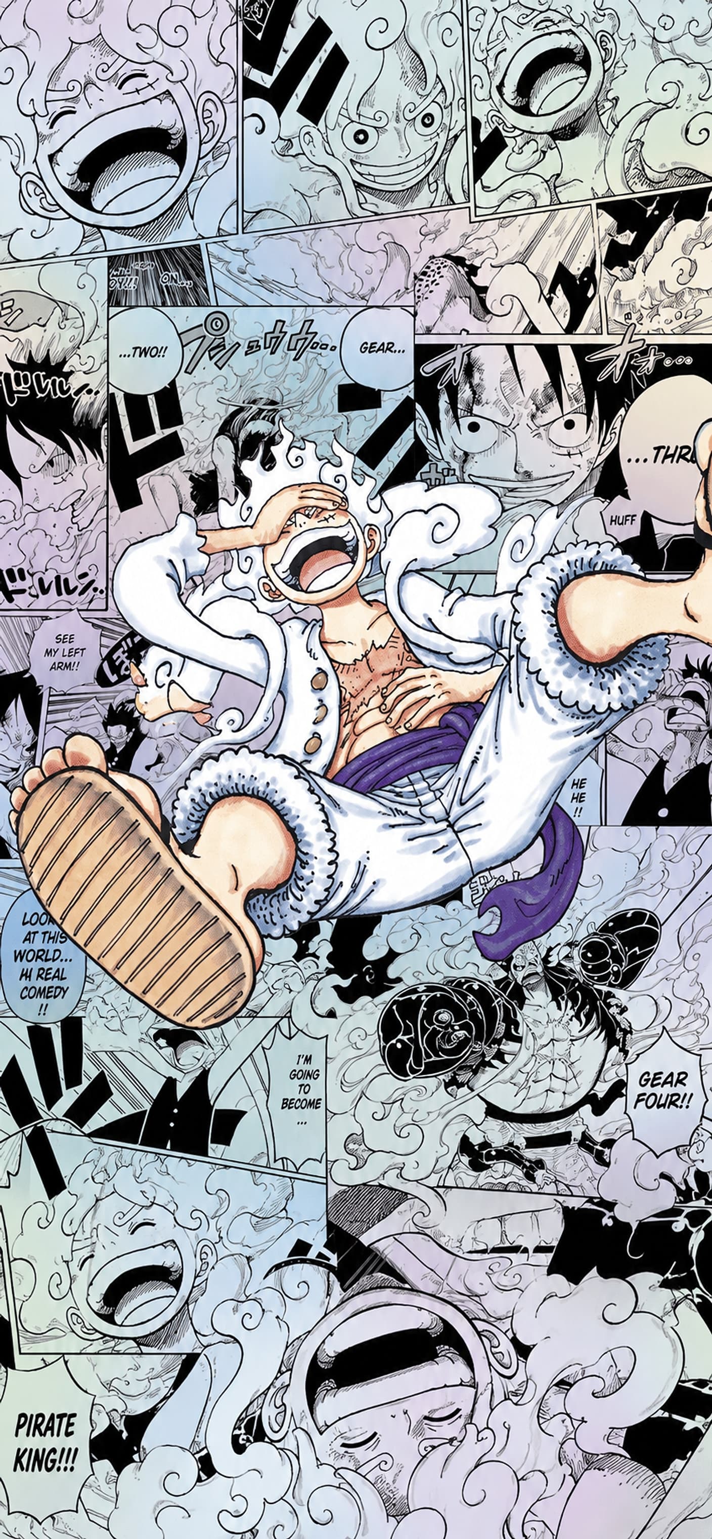 Monkey D. Luffy wallpaper: Gear 5 Luffy laughs and kicks up one sandal over a collage of black and white manga panels of his Gear transformations