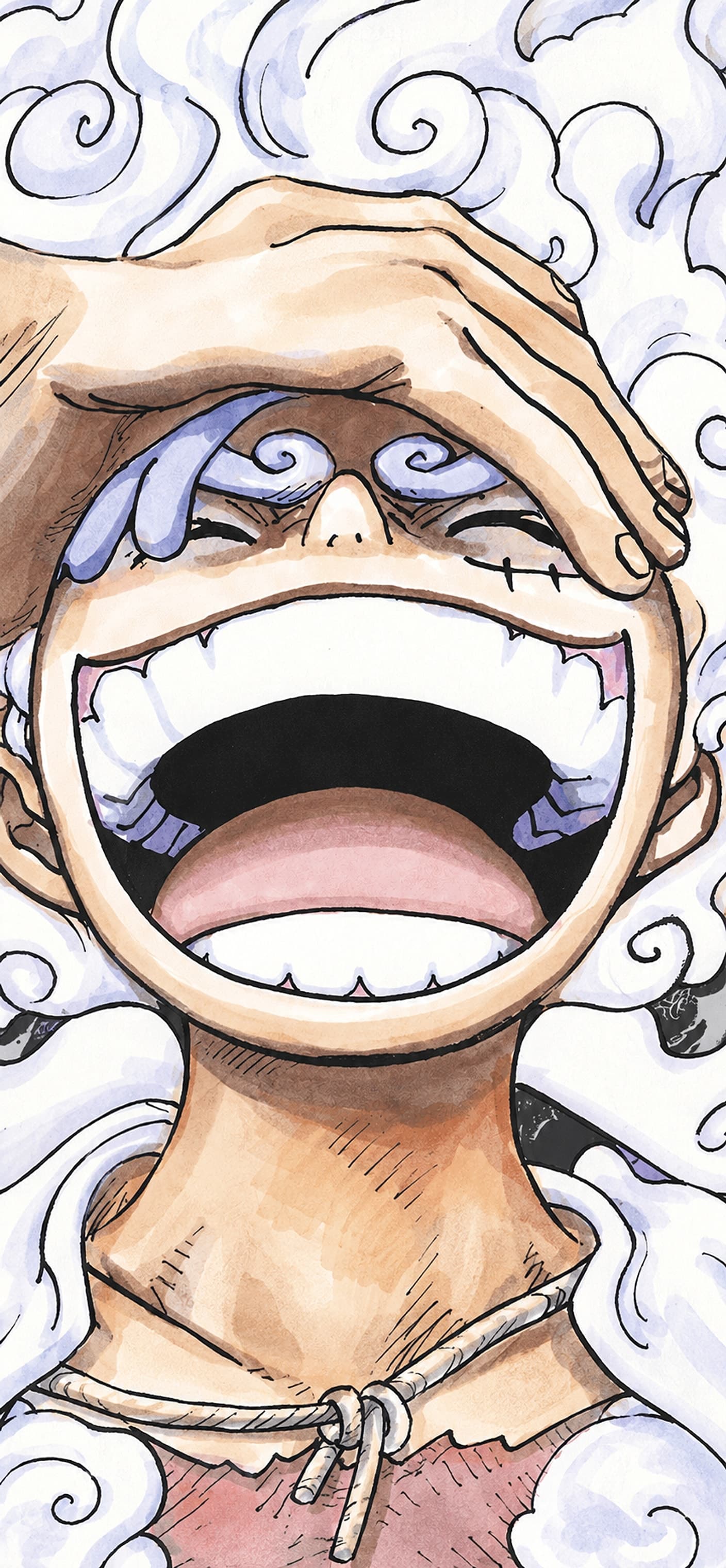 Monkey D. Luffy phone wallpaper: Close-up of Gear 5 Luffy laughing with his hand over his eyes, framed by white cloud swirls