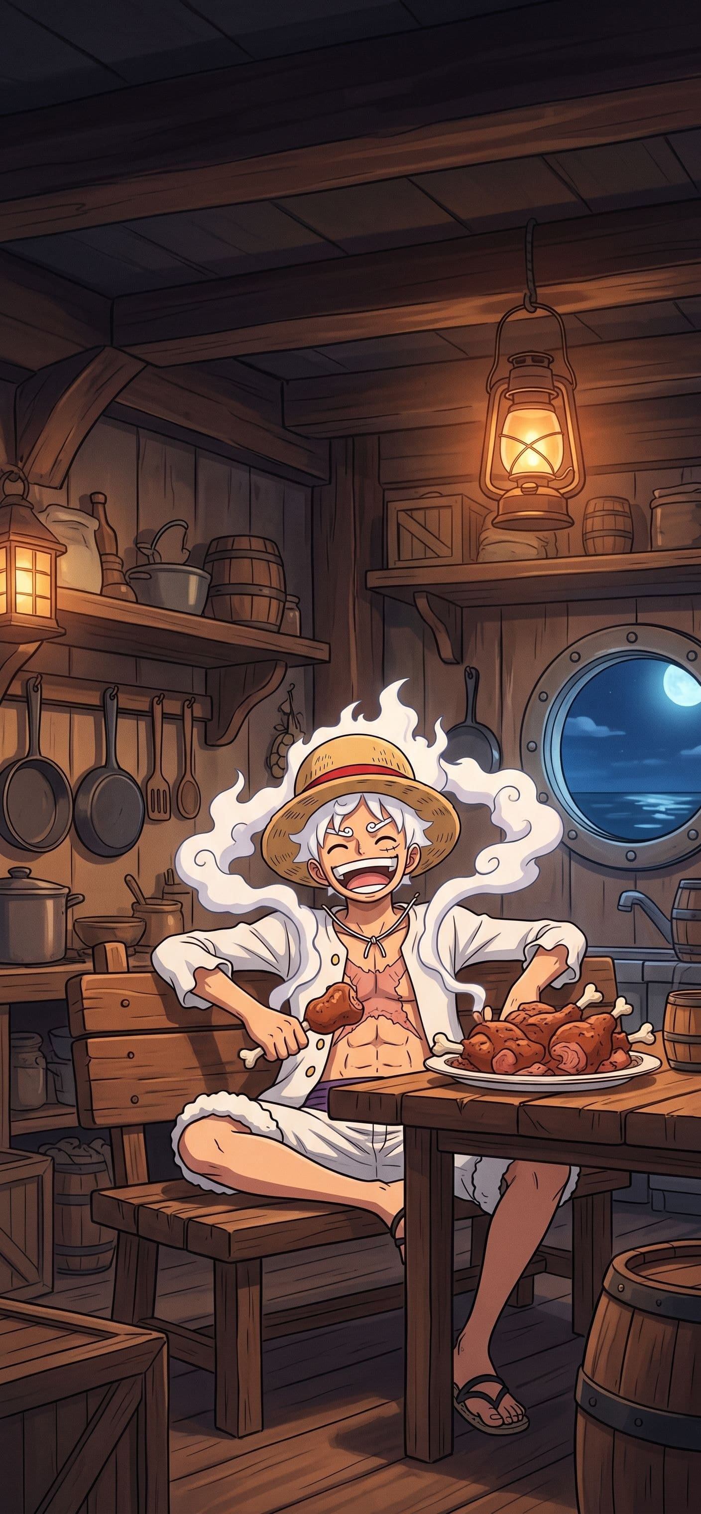 Monkey D. Luffy wallpaper: Gear 5 Luffy leaning back at a table with a big plate of meat in a cozy lantern-lit ship galley at night