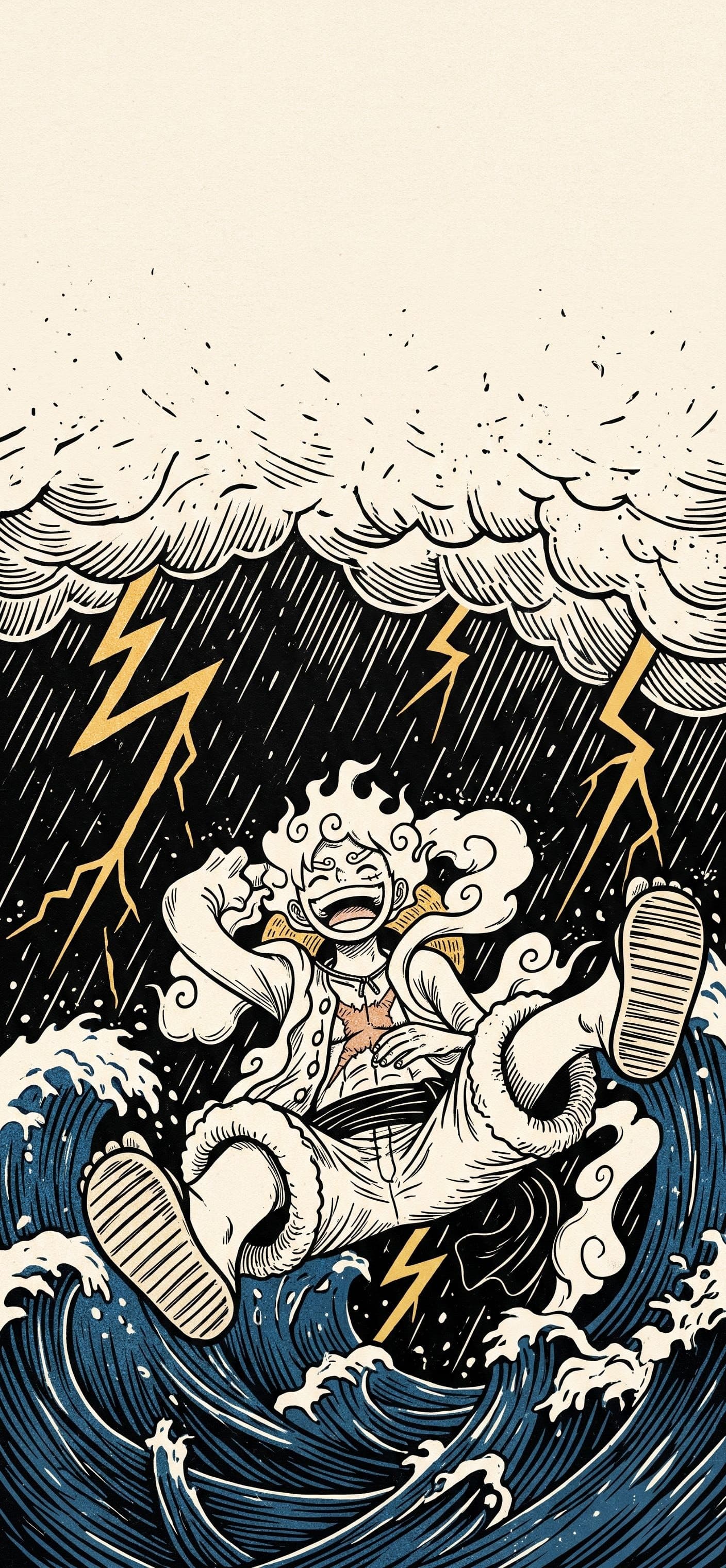 Monkey D. Luffy phone wallpaper: Gear 5 Luffy leaping over towering storm waves with lightning striking behind him