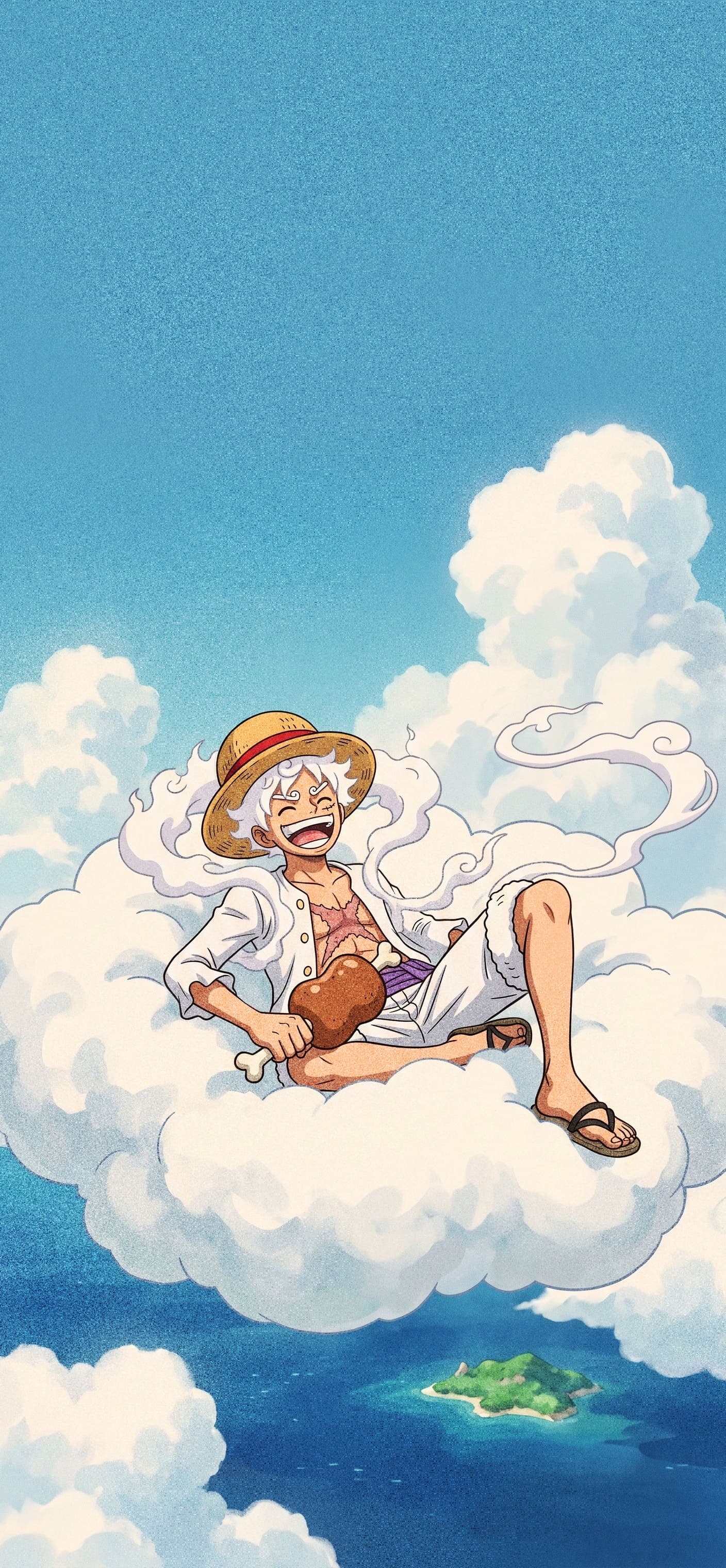 Monkey D. Luffy phone wallpaper: Gear 5 Luffy lying back on a big summer cloud holding a meat on the bone, with a green island in the blue sea far below