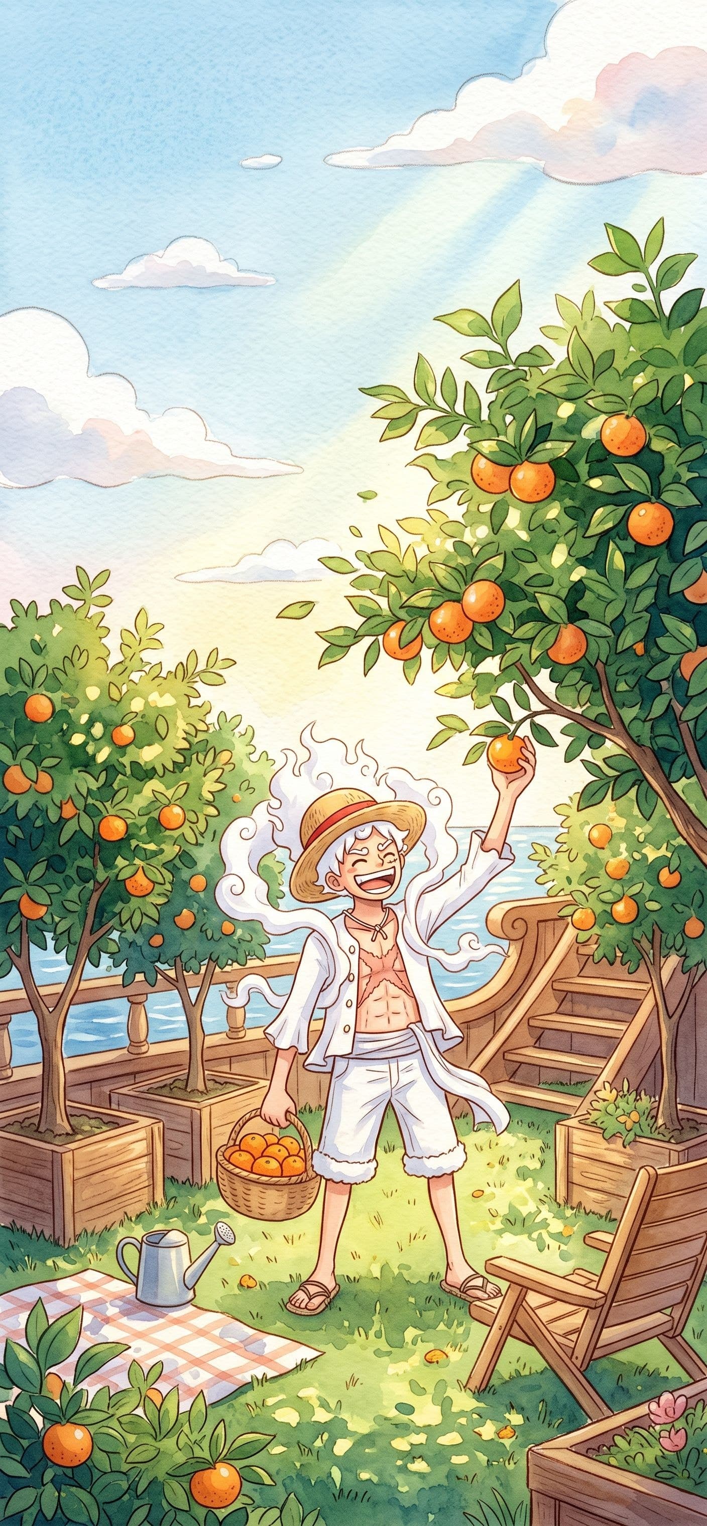 Monkey D. Luffy wallpaper: Gear 5 Luffy laughing and reaching for a ripe tangerine among tangerine trees on a sunny ship deck