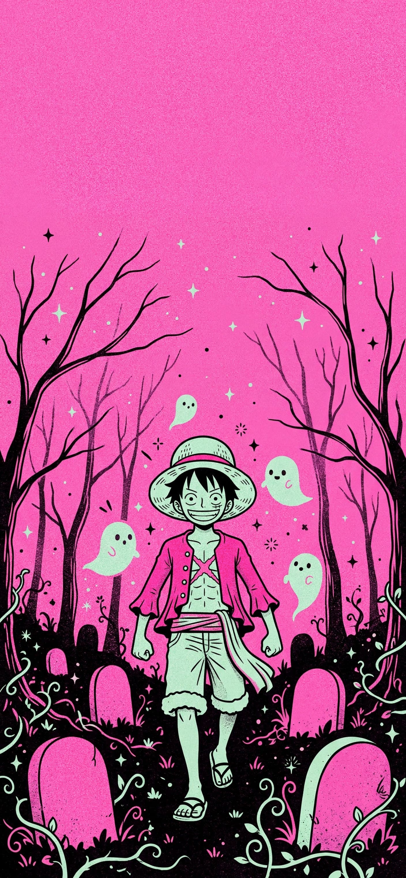 Monkey D. Luffy phone wallpaper: Luffy walking through a spooky-cute graveyard forest at night with friendly little ghosts around him
