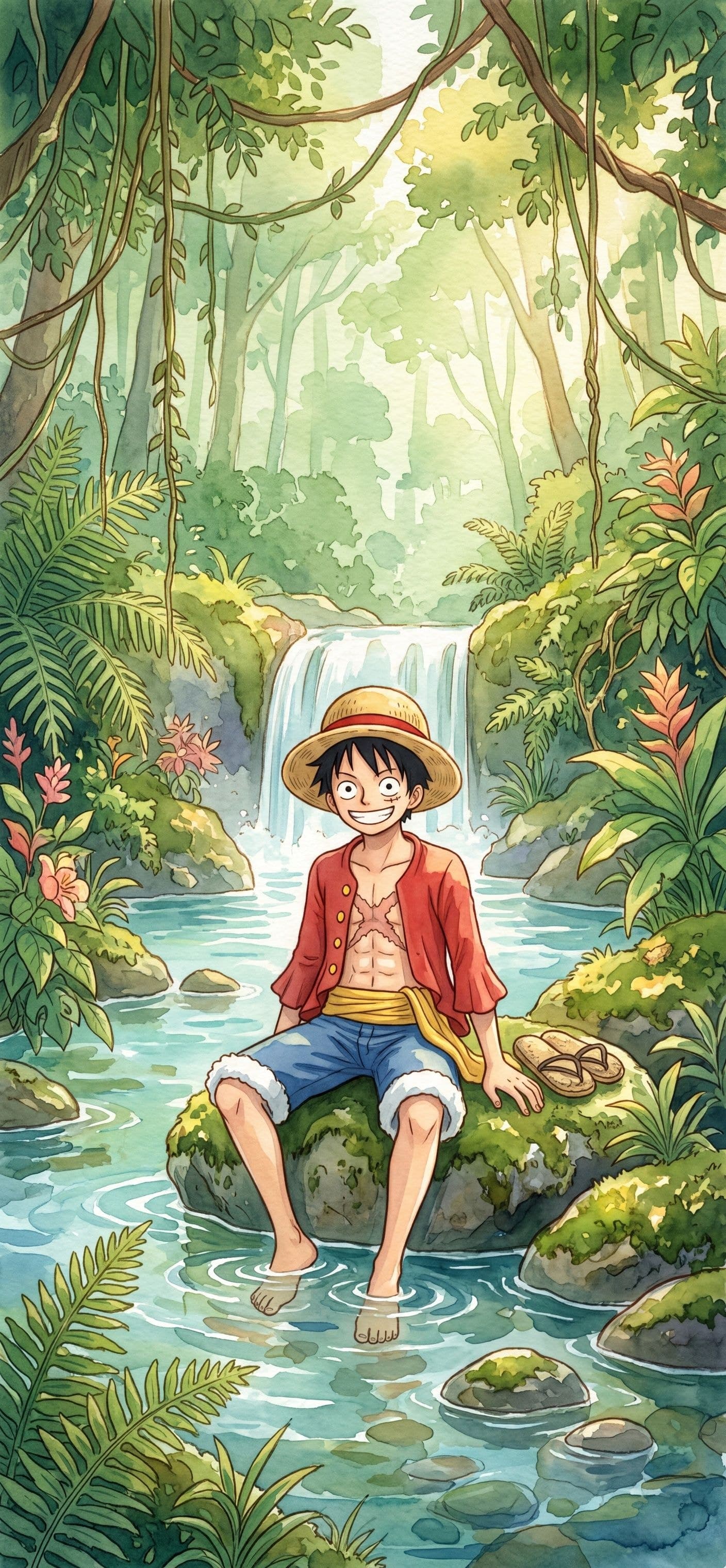 Monkey D. Luffy wallpaper: Luffy sitting on a mossy rock with his feet in a clear jungle river below a small waterfall