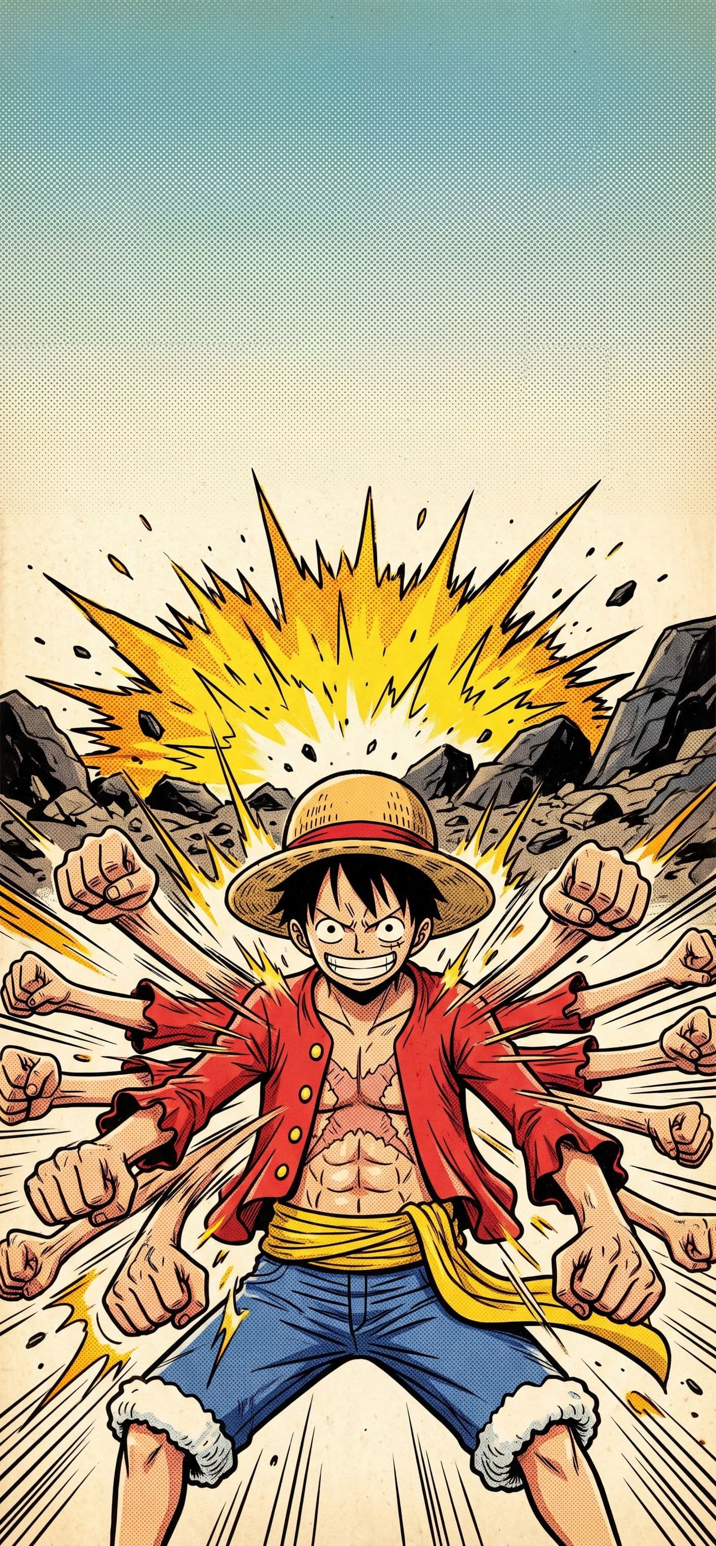 Monkey D. Luffy wallpaper: Luffy throwing a blur of stretching rubber punches in front of an explosion on a rocky battlefield