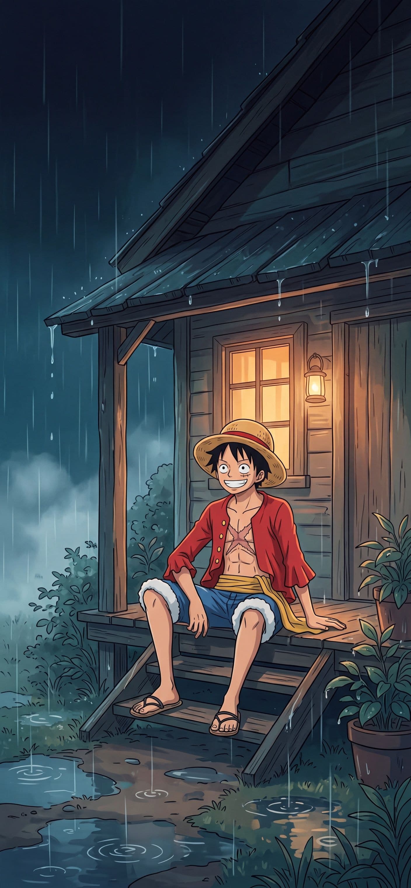 Monkey D. Luffy wallpaper: Luffy sitting on the porch steps of a small island house on a rainy night, lamp light glowing behind him