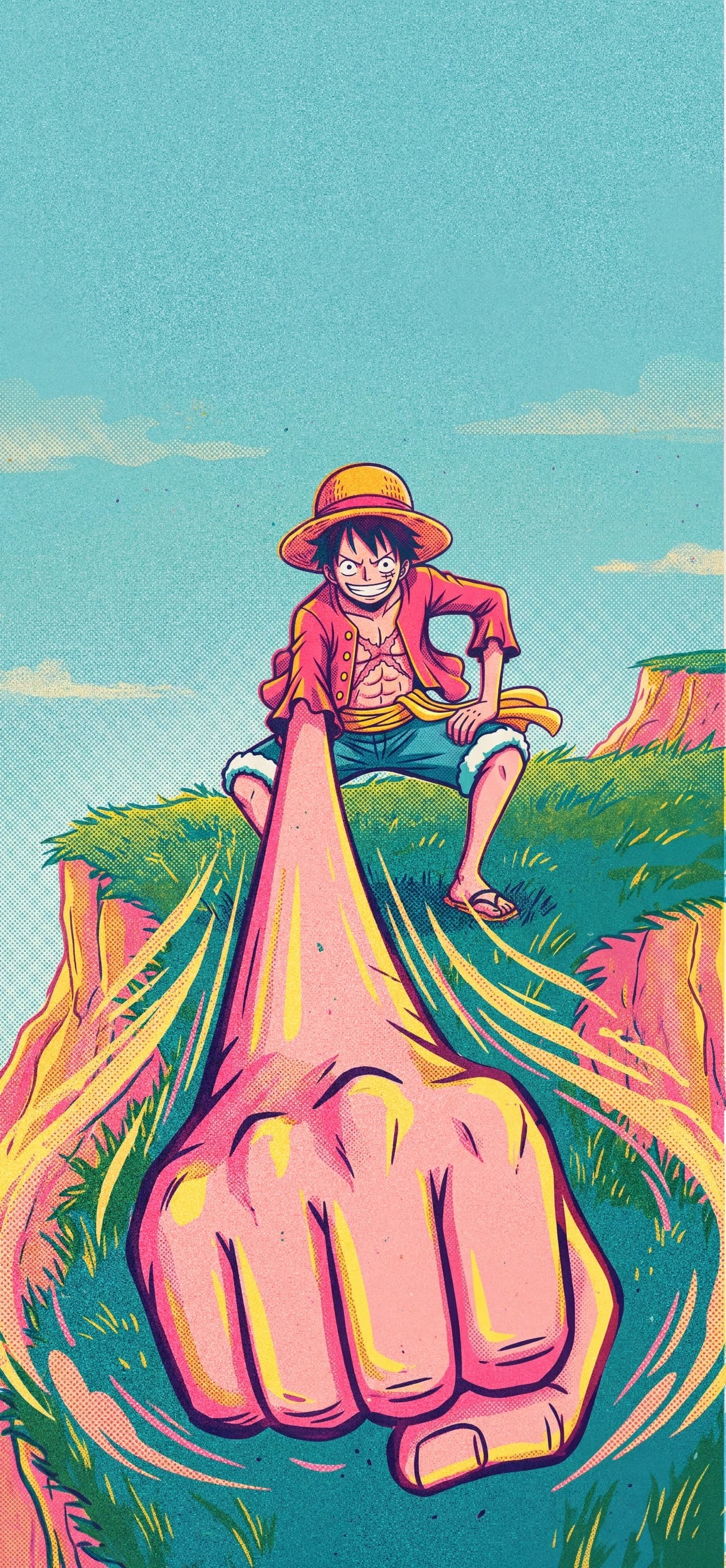 Monkey D. Luffy wallpaper: Luffy throwing a long stretched rubber punch straight at the viewer from a grassy cliff top