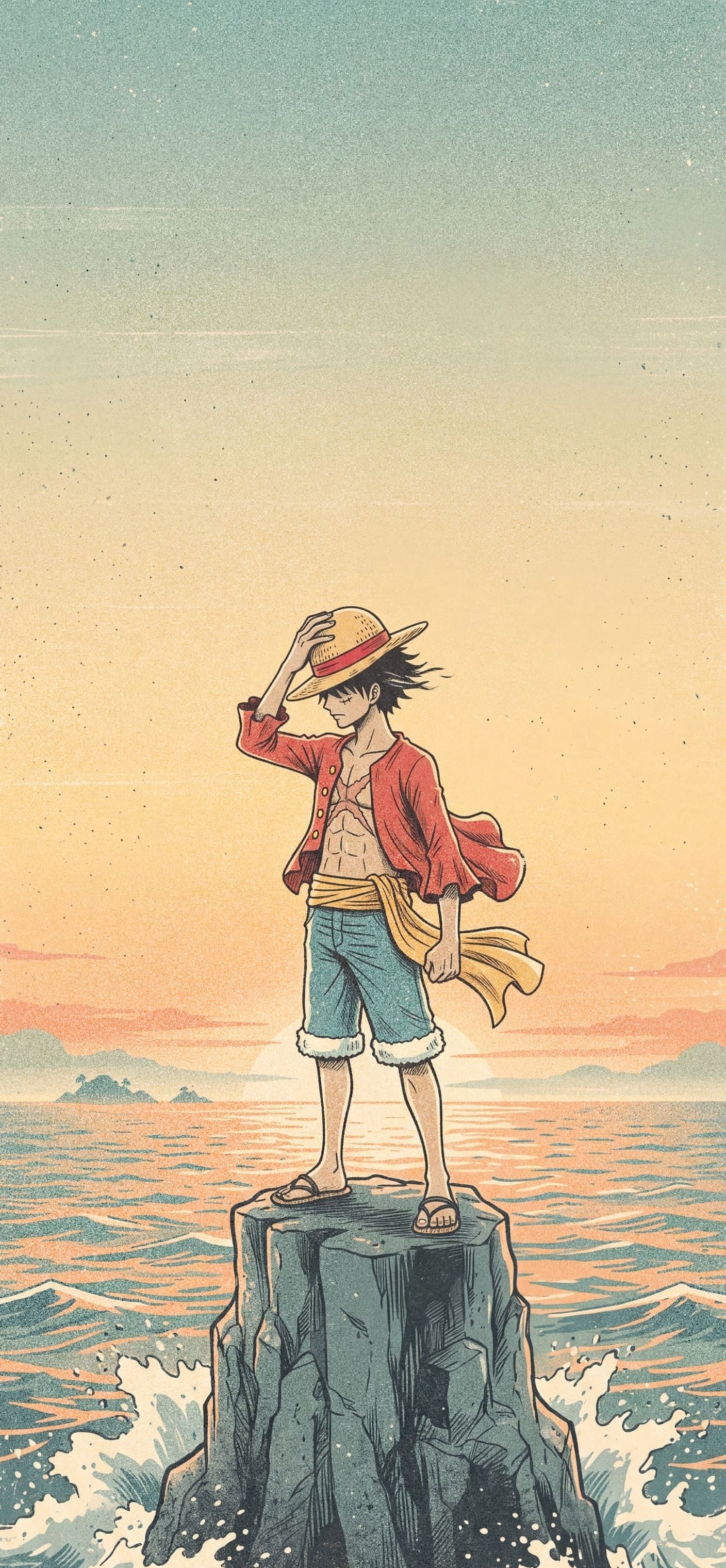 Monkey D. Luffy wallpaper: Luffy standing on a tall sea rock at sunset, holding his straw hat on in the wind