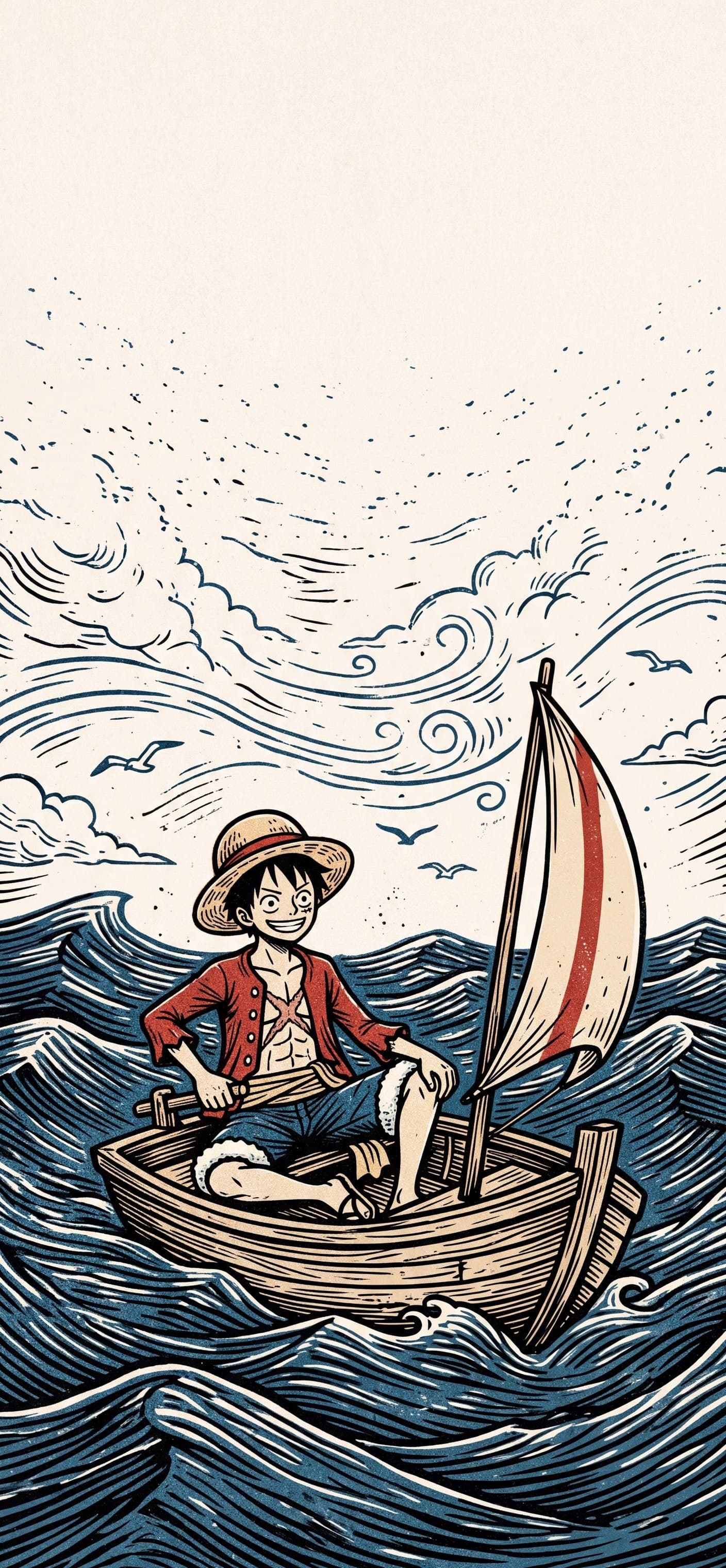 Monkey D. Luffy wallpaper: Luffy at the tiller of a small one-sail boat on a rolling open sea with seagulls overhead