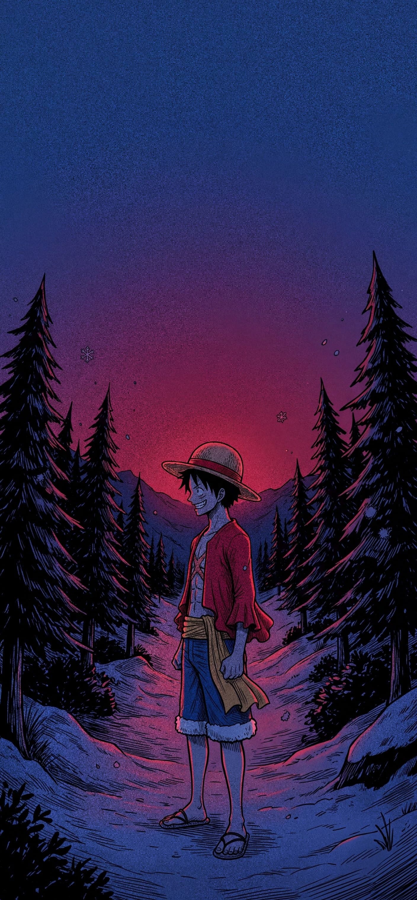 Monkey D. Luffy wallpaper: Luffy standing on a snowy mountain path through dark pines at night, a crimson glow on the horizon