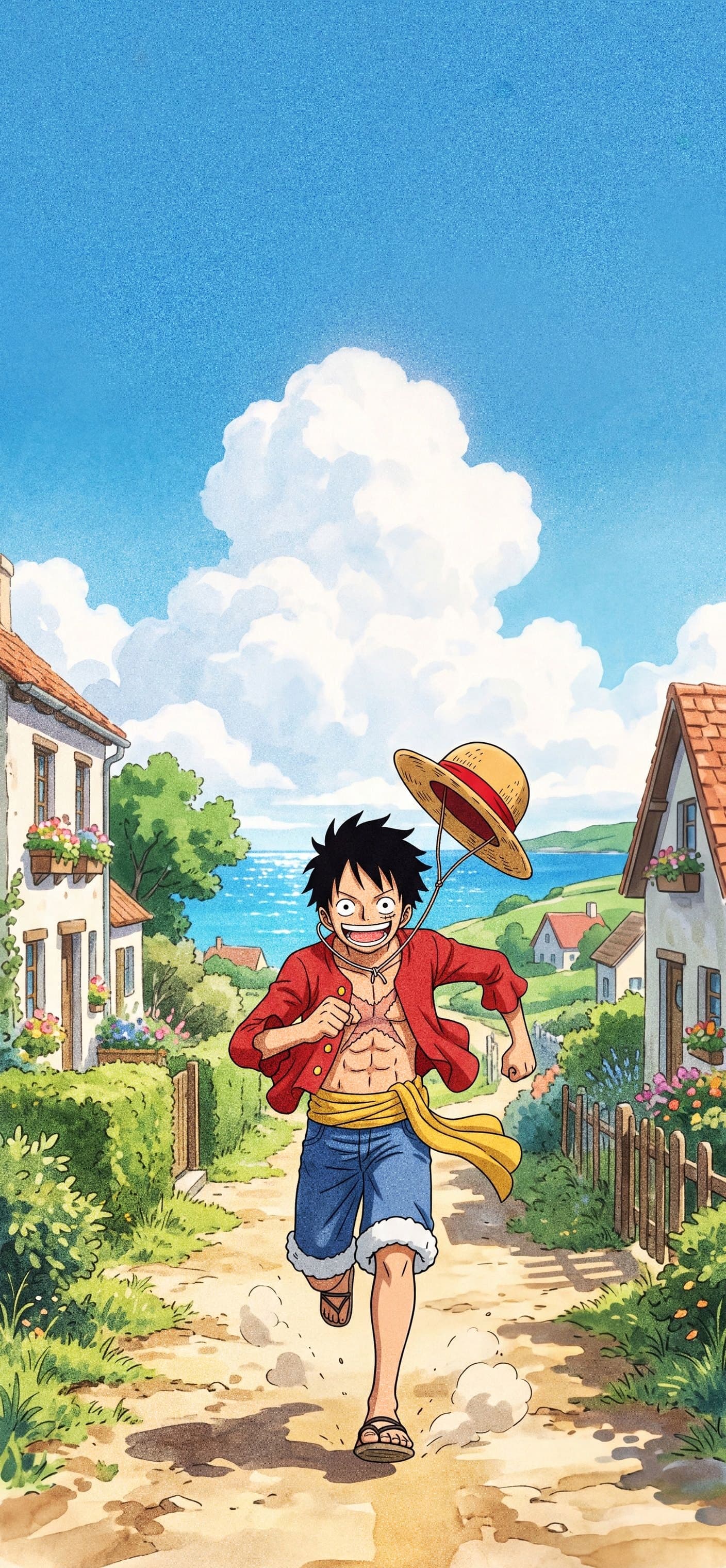 Monkey D. Luffy phone wallpaper: Luffy running down a sunny village road toward the sea, his straw hat flying behind him on its string