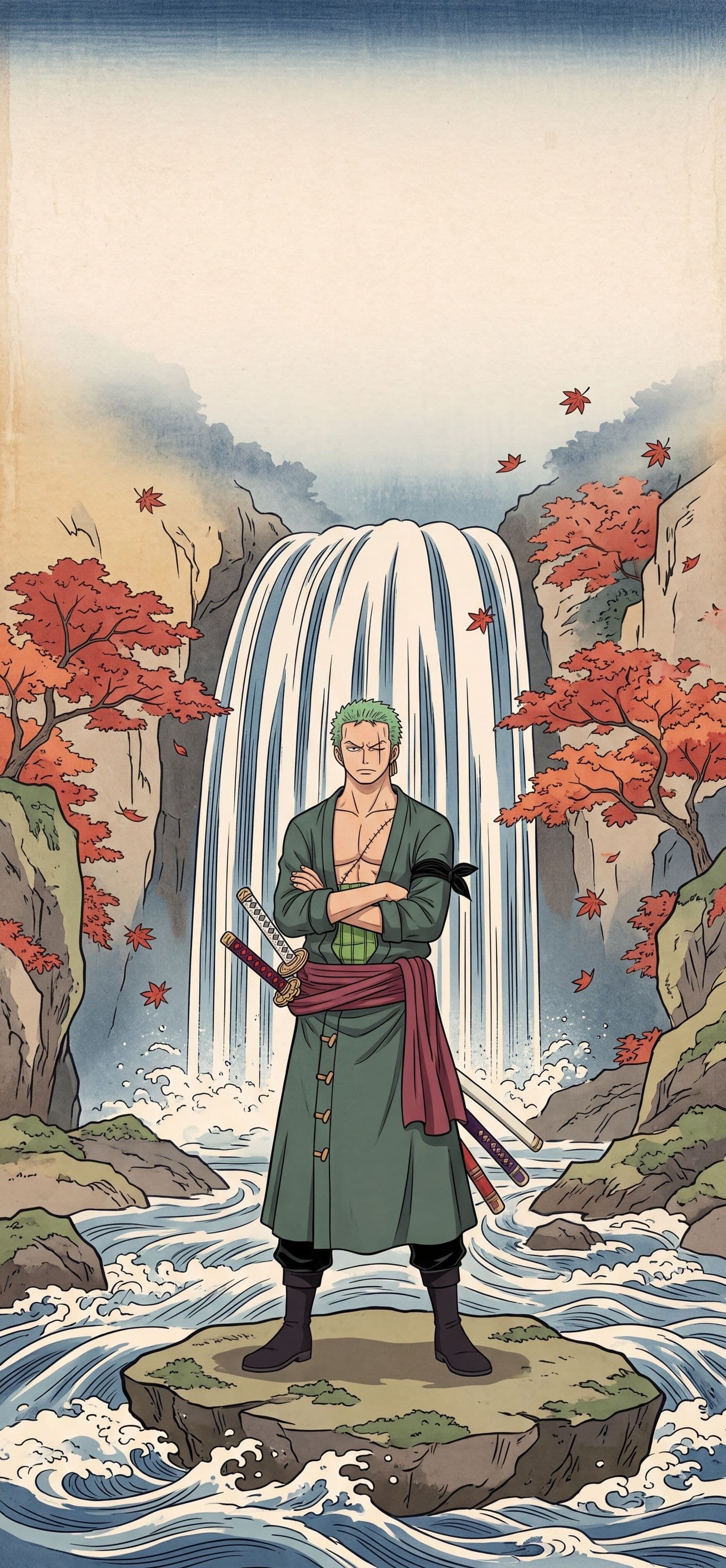 Roronoa Zoro phone wallpaper: Zoro standing with arms folded on a rock below a tall waterfall, red maple leaves drifting