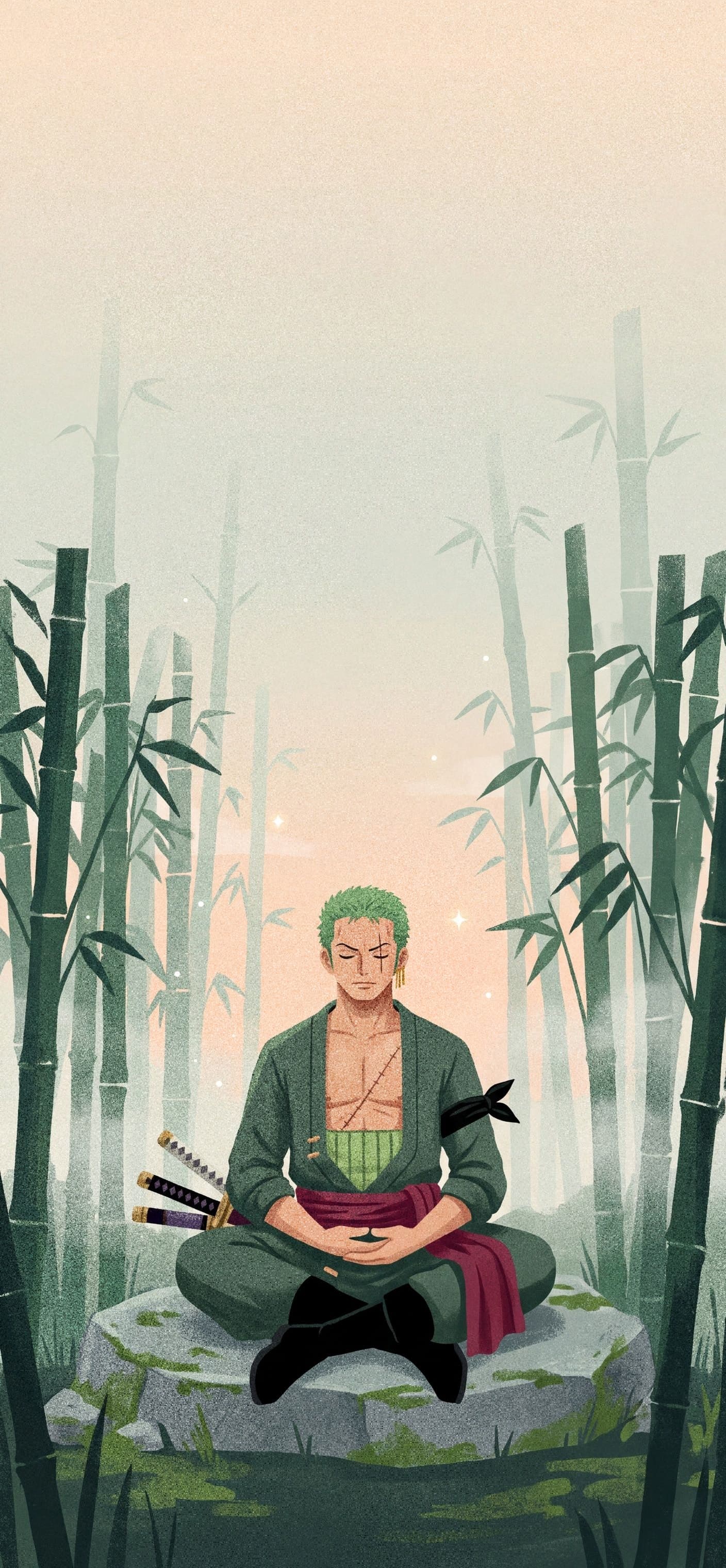 Roronoa Zoro phone wallpaper: Zoro sitting cross-legged in meditation on a mossy rock in a misty bamboo forest at dawn, his three swords beside him
