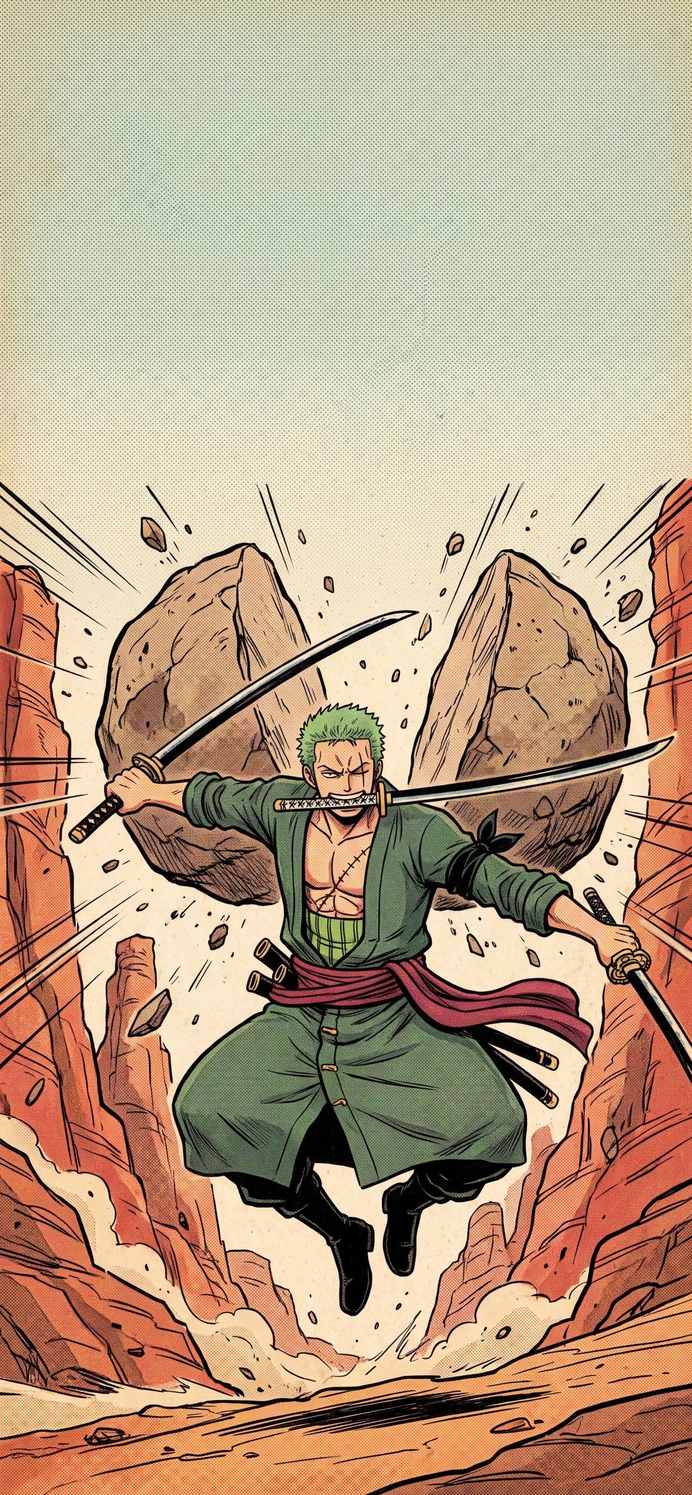 Roronoa Zoro wallpaper: Zoro leaping through a red rock canyon with three swords as a huge boulder splits in two behind him