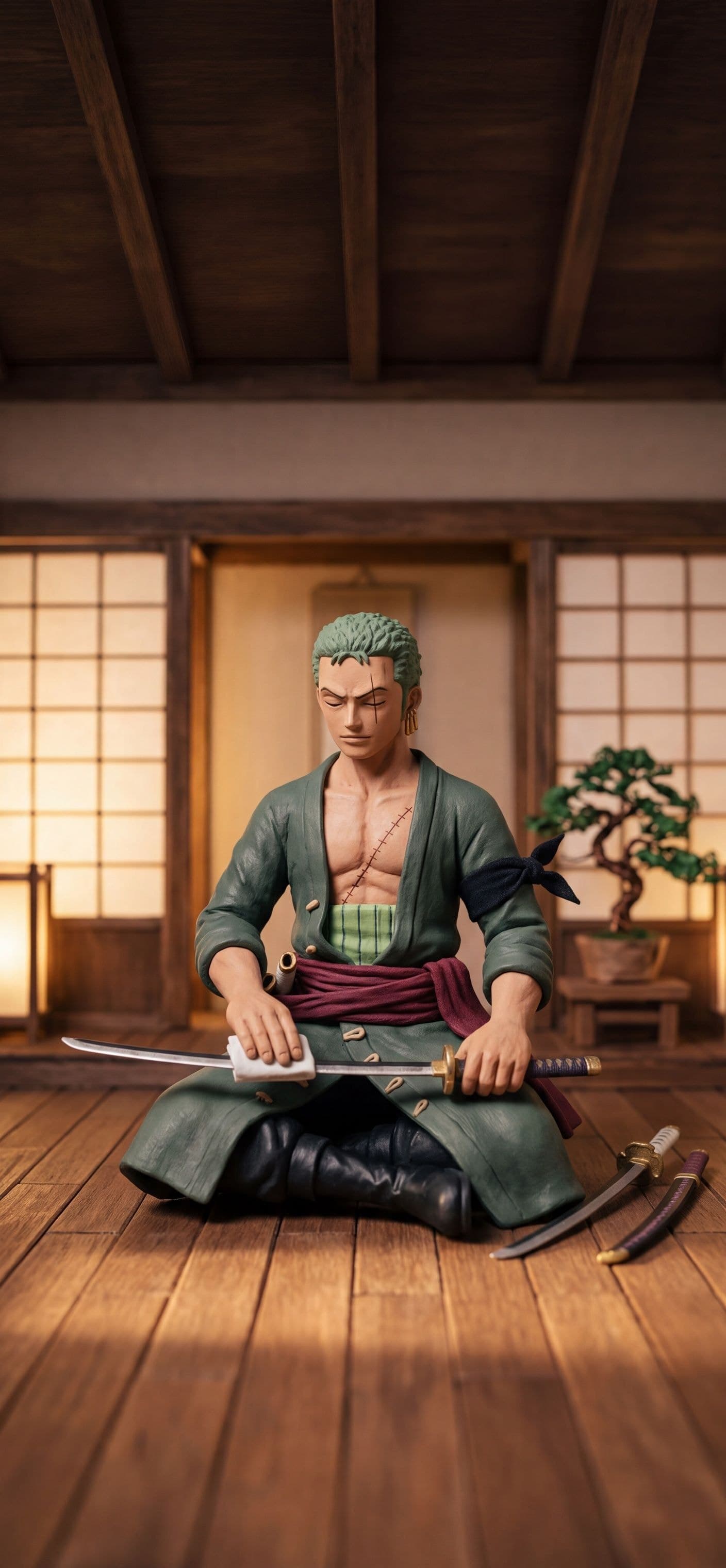 Roronoa Zoro phone wallpaper: A clay Zoro kneeling in a tiny dojo, polishing a sword blade with a white cloth