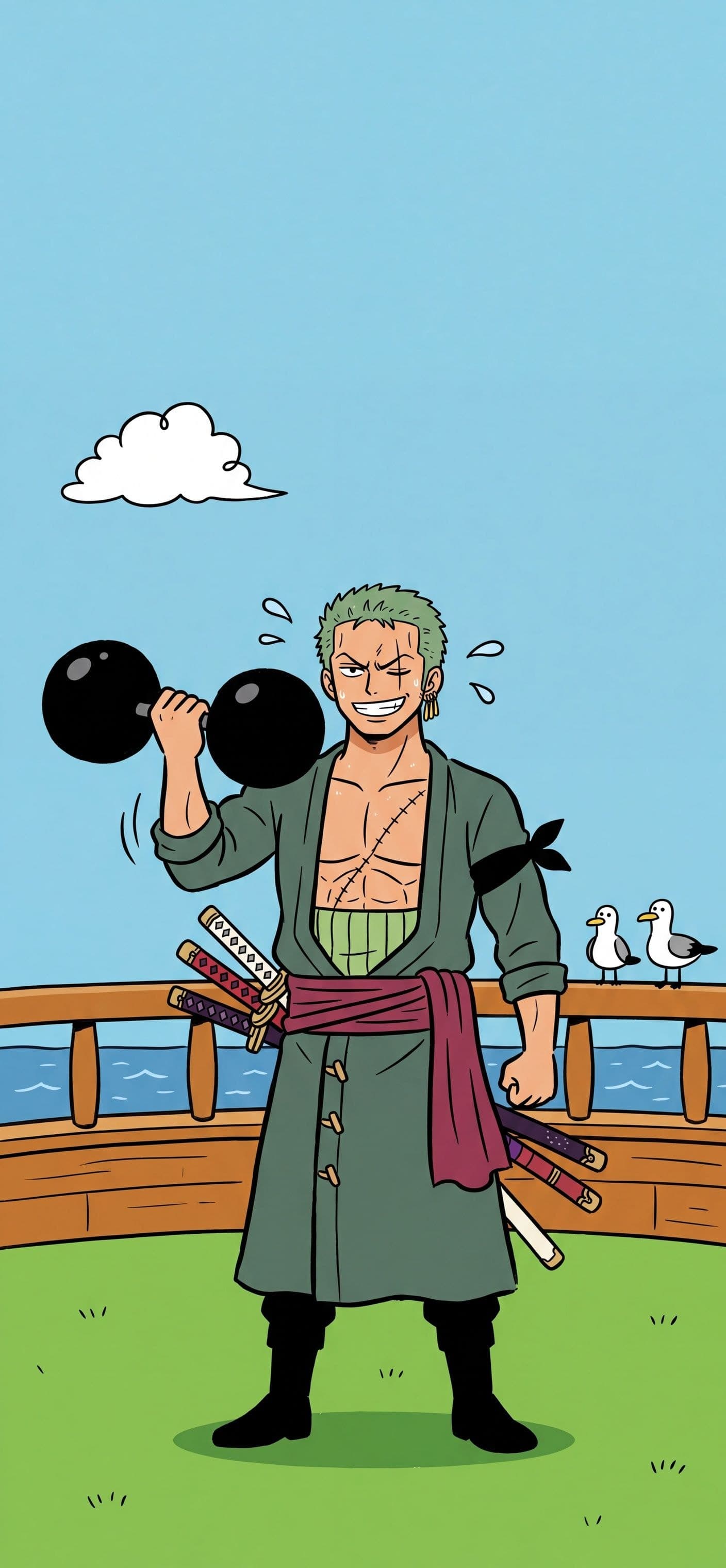 Roronoa Zoro wallpaper: Zoro grinning as he lifts a huge black dumbbell on a ship's grassy lawn deck